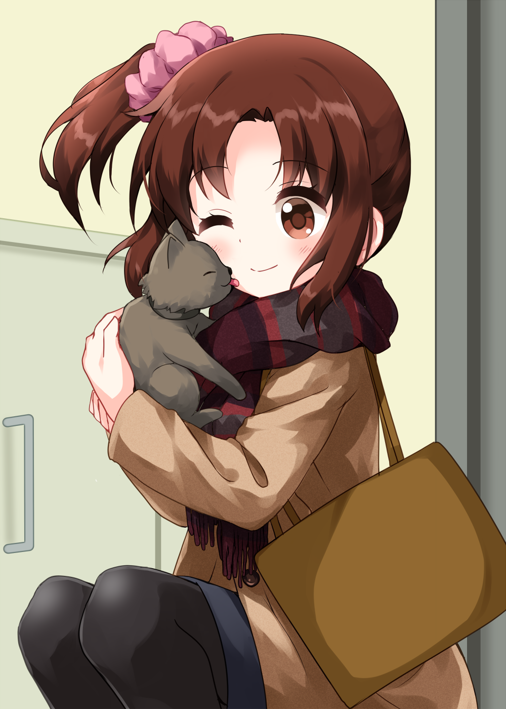 1girl animal bag bangs black_legwear black_scarf brown_bag brown_hair brown_jacket cat character_request closed_mouth copyright_request eyebrows_visible_through_hair hair_ornament highres holding holding_animal holding_cat indoors jacket long_sleeves looking_at_another one_eye_closed parted_bangs ruu_(tksymkw) scarf shoulder_bag side_ponytail sitting smile squatting striped striped_scarf