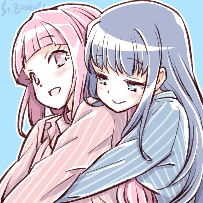 2girls artist_name blue_hair blue_pajamas hug hug_from_behind long_hair magia_record:_mahou_shoujo_madoka_magica_gaiden mahou_shoujo_madoka_magica multiple_girls nanami_yachiyo pajamas pink_hair pink_pajamas striped striped_pajamas studiozombie tamaki_iroha upper_body yuri