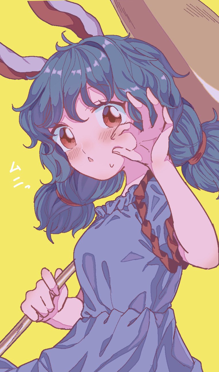 1girl :o animal_ears bangs blue_dress blue_hair blush breasts commentary_request dress eyebrows_visible_through_hair highres holding holding_mallet kine long_hair looking_at_viewer low_twintails mallet ok_sign open_mouth rabbit_ears red_eyes satomachi seiran_(touhou) short_sleeves simple_background small_breasts solo touhou twintails upper_body yellow_background