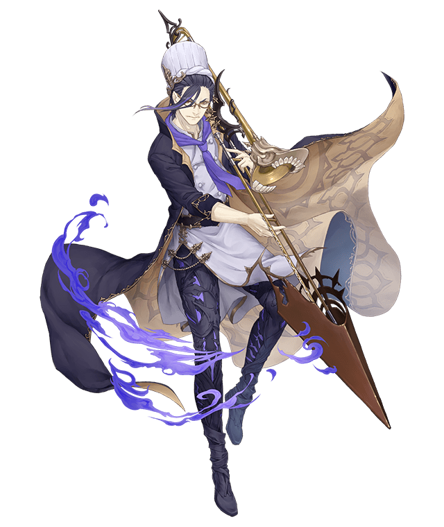 1boy black_hair chef_hat chef_uniform chocolate full_body glasses hair_over_one_eye hameln_(sinoalice) hat instrument ji_no long_coat looking_at_viewer music official_art playing_instrument red_eyes sinoalice solo transparent_background trombone