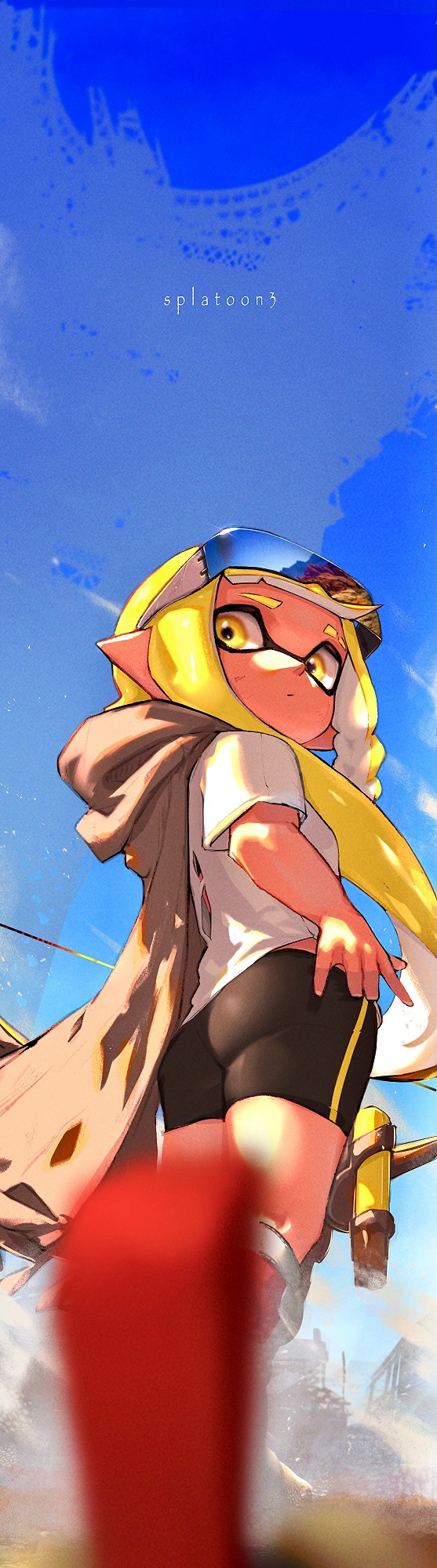 1girl ass bike_shorts blonde_hair blue_sky breasts brown_cape cape domino_mask english_text from_side gun highres inkling kashu_(hizake) looking_to_the_side mask pointy_ears shirt sky small_breasts splatoon_(series) splatoon_3 sunglasses t-shirt tentacle_hair title weapon yellow_eyes