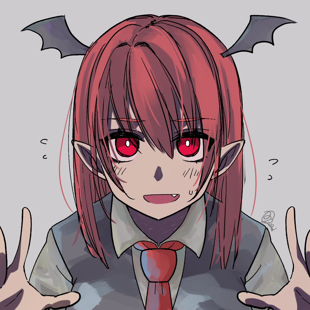 1girl :d bangs bright_pupils collared_shirt eyebrows_visible_through_hair fang flying_sweatdrops grey_background grey_vest hair_between_eyes hands_up head_wings koakuma long_hair looking_at_viewer maccha_(matcha69) necktie nervous_smile open_mouth pointy_ears red_eyes red_neckwear redhead shirt signature simple_background smile solo sweat touhou upper_body vest white_pupils white_shirt