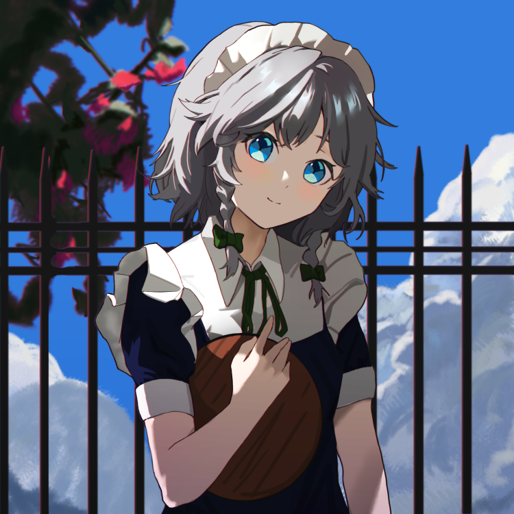 1girl bei_chelun_de_daquan_yangcong_anakin blue_dress blue_eyes bow braid breasts closed_mouth clouds cloudy_sky commentary_request day dress eyebrows_behind_hair fence flower flower_request green_bow green_neckwear green_ribbon hair_bow hair_ribbon head_tilt holding holding_tray izayoi_sakuya light_blush looking_at_viewer maid maid_headdress puffy_short_sleeves puffy_sleeves red_flower ribbon short_hair short_sleeves side_braids silver_hair sky small_breasts smile solo touhou tray tress_ribbon twin_braids upper_body white_headwear