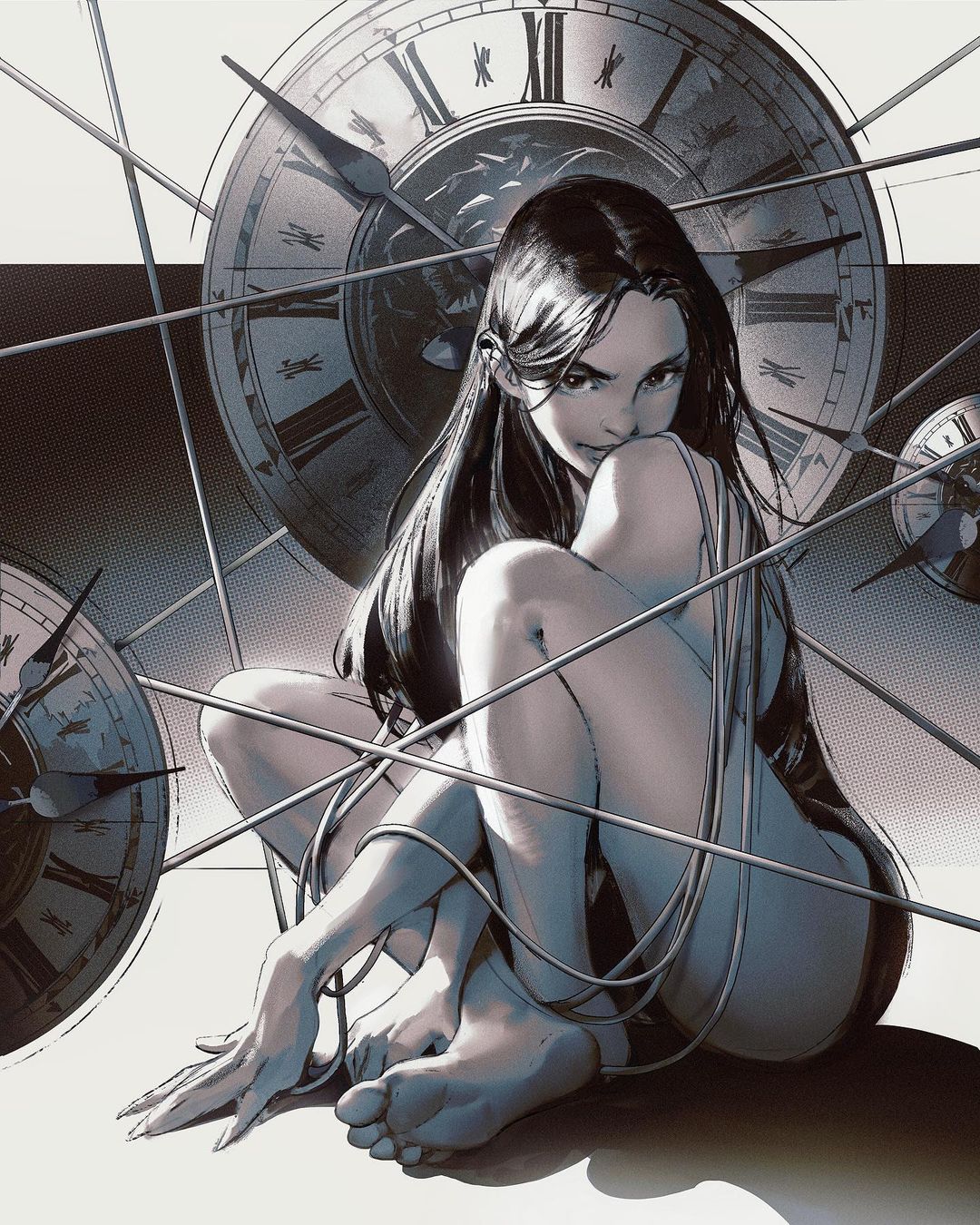 1girl bare_legs between_legs cable clock clock_hands crossed_arms english_commentary fingernails full_body gantz greyscale hand_between_legs highres leotard long_hair looking_at_viewer mitch_mohrhauser monochrome nose realistic shimohira_reika sidelighting sitting soles solo toes