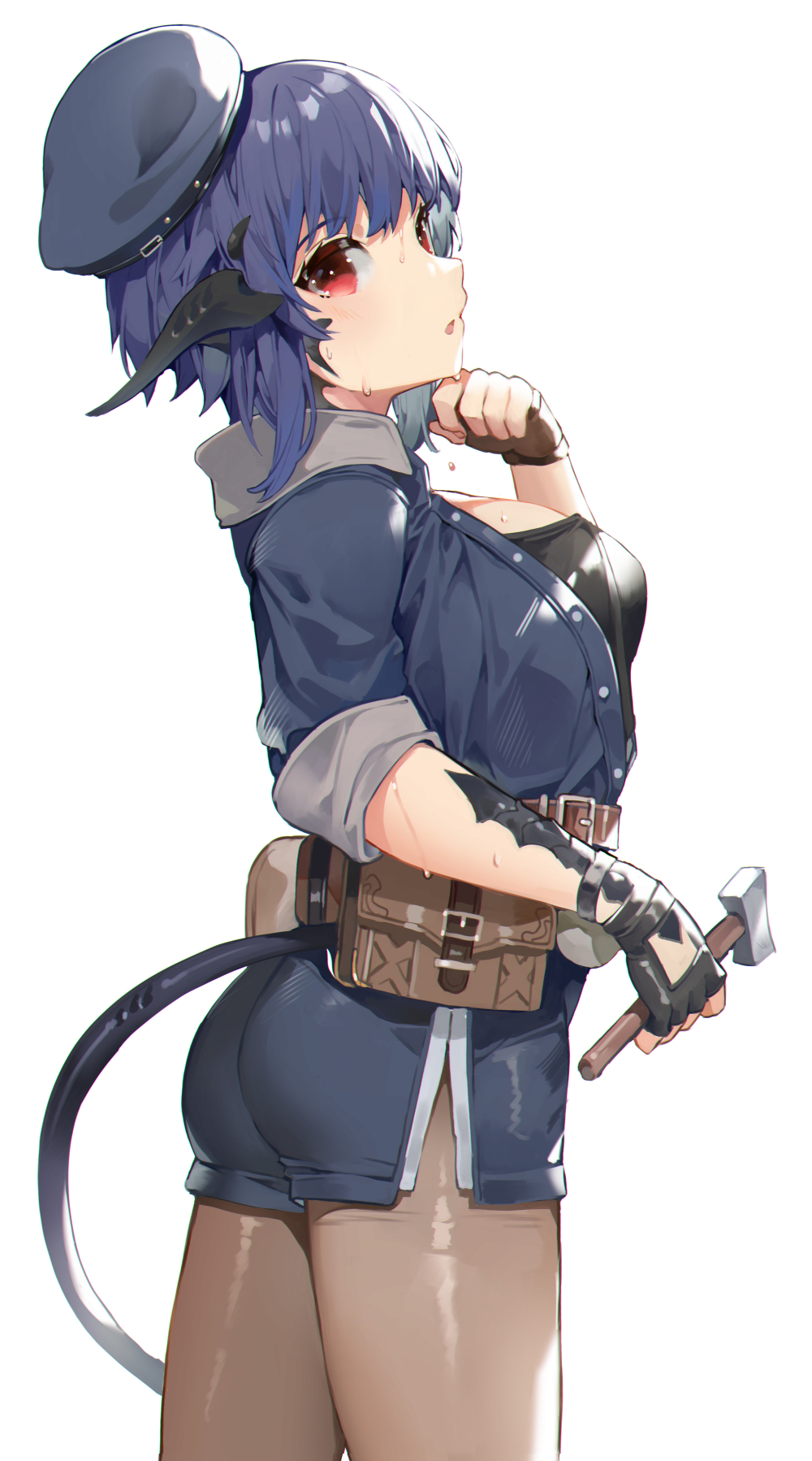 1girl akizone ass au_ra bag bangs belt black_headwear blue_hair blue_jacket blue_shorts breasts brown_belt brown_gloves brown_legwear cowboy_shot final_fantasy final_fantasy_xiv fingerless_gloves from_side gloves hand_on_own_chin hand_up hat highres holding horns jacket large_breasts looking_at_viewer looking_to_the_side medium_hair open_clothes open_jacket open_mouth original pantyhose red_eyes renz_(rirene_rn) scales shiny shiny_hair shorts simple_background solo sweat tail tilted_headwear white_background