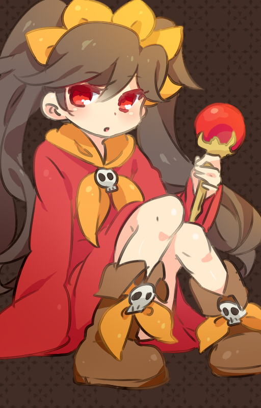1girl ashley_(warioware) bangs black_hair blush boots brown_background brown_footwear commentary_request dress eyebrows_visible_through_hair flat_chest full_body gem hairband hand_up holding holding_staff knees_together_feet_apart long_hair long_sleeves looking_to_the_side neckerchief open_mouth orange_hairband orange_neckwear orb pigeon-toed red_dress red_eyes ruby_(gemstone) shiny shiny_hair shiny_skin simple_background sitting skull sleeves_past_fingers sleeves_past_wrists solo staff tied_hair twintails ukata warioware
