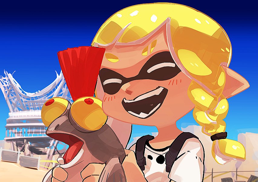 1girl blonde_hair braid closed_eyes fangs frog inkling long_hair mohawk nuezou sand smile splatoon_(series) splatoon_3 twin_braids