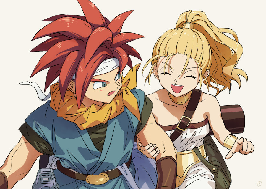 1boy 1girl arm_grab artist_name bad_id bad_twitter_id bag belt black_belt black_shirt blue_eyes blue_tunic bracer carrying chrono_trigger closed_eyes crono_(chrono_trigger) hair_pulled_back hair_tie headband hosodayo jewelry long_hair looking_at_another looking_back marle_(chrono_trigger) neck_ring open_mouth ponytail redhead satchel shirt short_hair short_sleeves signature simple_background smile spiky_hair standing strapless white_background white_headband white_jumpsuit yellow_belt