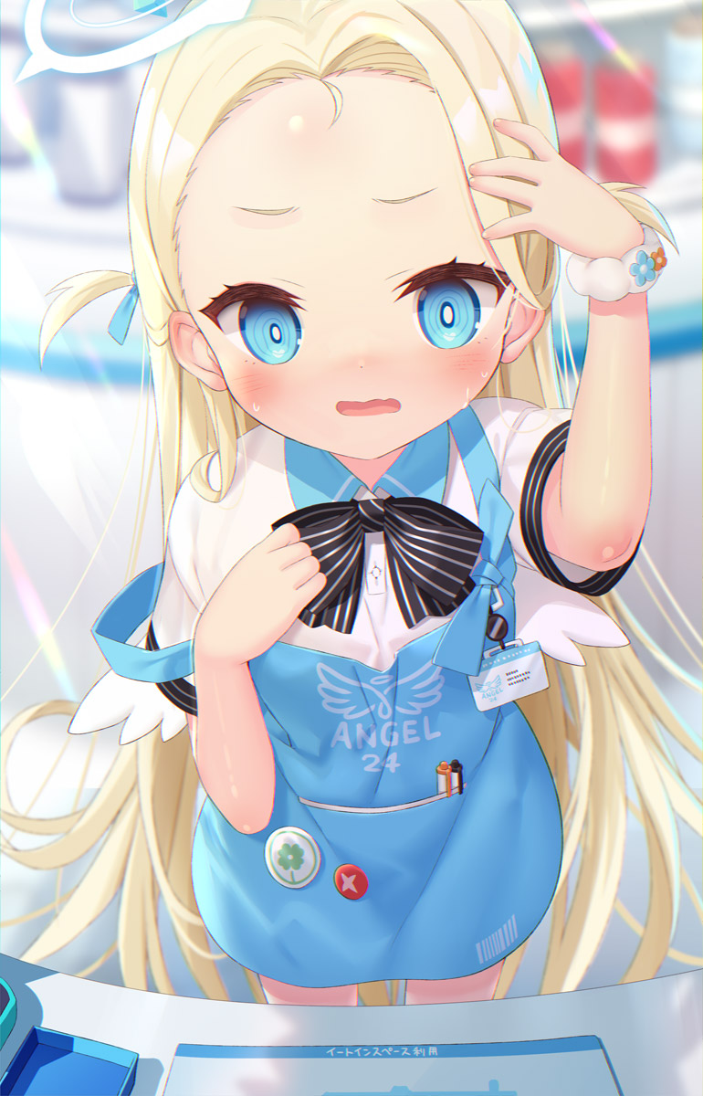 1girl apron arm_up black_bow blonde_hair blue_apron blue_archive blue_eyes blurry blurry_background blush bow collared_shirt commentary_request depth_of_field forehead highres indoors long_hair looking_at_viewer open_mouth shirt short_sleeves solo sora_(blue_archive) standing striped striped_bow sweat twintails two_side_up very_long_hair wavy_mouth white_shirt yano_mitsuki