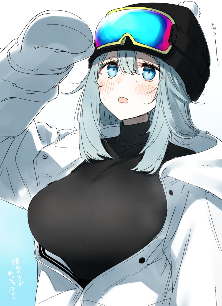 1girl :o beanie black_headwear black_sweater blue_eyes blue_hair blush breasts coat goggles goggles_on_headwear hair_between_eyes hand_up hat huge_breasts long_hair long_sleeves nekoume open_mouth original solo sweat sweater white_coat white_mittens winter_clothes winter_coat