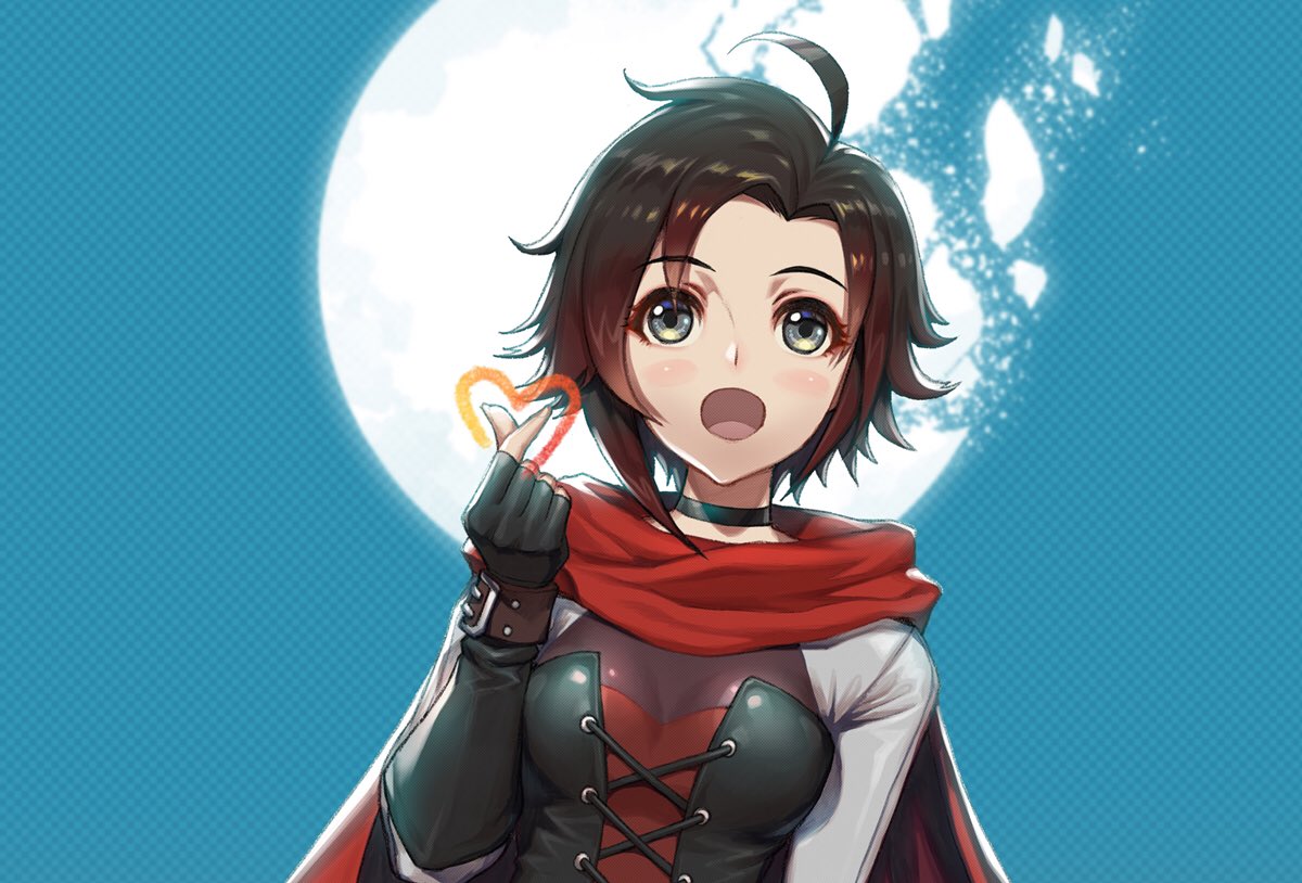 1girl :o ahoge black_gloves breasts brown_hair cape elbow_gloves fingerless_gloves gloves gradient_hair grey_eyes heart medium_breasts multicolored_hair open_mouth red_cape redhead ruby_rose rwby shiny shiny_hair short_hair solo upper_body uyalago