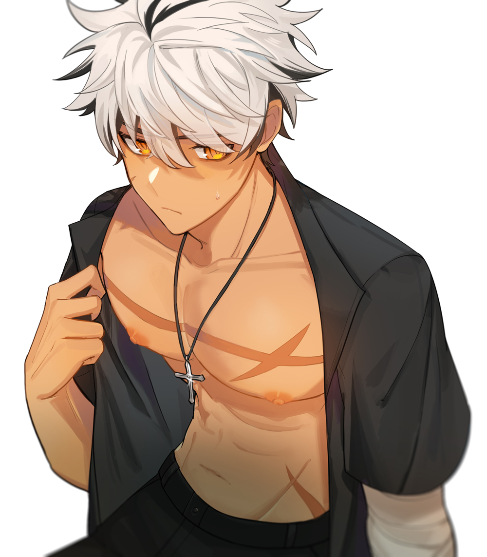 1boy bandages black_hair black_pants black_shirt closed_mouth cross cross_necklace elsword jewelry looking_at_viewer male_focus messy_hair multicolored_hair necklace pants rage_hearts_(elsword) raven_cronwell sa1008va scar scar_on_chest shirt simple_background solo upper_body white_background white_hair yellow_eyes