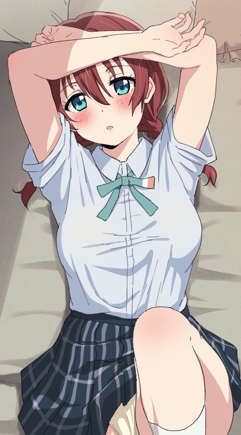 1girl :o arms_up bangs bed_sheet blue_eyes blush braid breasts brown_hair collared_shirt cowboy_shot emma_verde eyebrows_visible_through_hair freckles from_above green_neckwear grey_skirt hair_between_eyes highres knee_up large_breasts long_hair looking_at_viewer looking_up love_live! love_live!_nijigasaki_high_school_idol_club low_twintails lying neck_ribbon nijigasaki_academy_uniform on_back on_bed open_mouth panties pantyshot pillow pink_lips plaid plaid_skirt pleated_skirt ribbon school_uniform shadow shirt short_sleeves skirt socks solo summer_uniform trg-_(sain) twin_braids twintails underwear white_legwear white_panties white_shirt