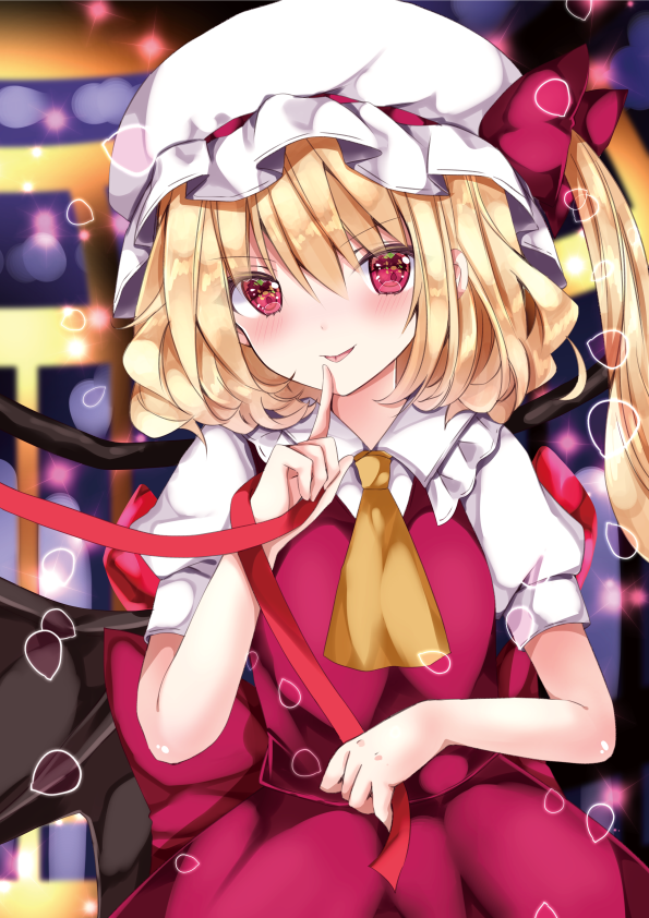 2girls :p ascot bat_wings blonde_hair blurry blurry_background blush bokeh breasts commentary_request crystal depth_of_field eyebrows_visible_through_hair finger_to_mouth flandre_scarlet frilled_shirt_collar frills hair_between_eyes hat holding holding_ribbon indoors looking_at_viewer mob_cap multiple_girls nanase_nao one_side_up pink_eyes puffy_short_sleeves puffy_sleeves red_ribbon red_skirt red_vest remilia_scarlet ribbon shirt short_hair short_sleeves skirt skirt_set small_breasts solo_focus sparkle tongue tongue_out touhou upper_body v-shaped_eyebrows vest white_headwear white_shirt wings yellow_neckwear