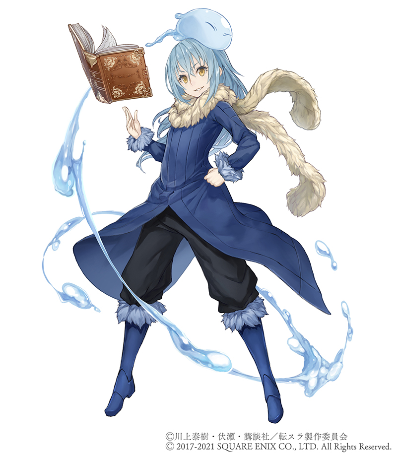 1other blue_hair book boots crossover full_body fur_trim hand_on_hip ji_no long_hair looking_at_viewer official_art rimuru_tempest scarf sinoalice slime_(creature) solo square_enix tensei_shitara_slime_datta_ken water white_background yellow_eyes