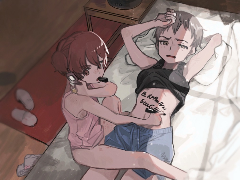 2girls alisa_(girls_und_panzer) arms_up bangs bed black_shirt blue_shorts body_writing brown_eyes brown_hair cellphone cellphone_strap commentary day freckles frown girls_und_panzer half-closed_eyes holding holding_marker holding_phone indoors knee_up lying marker mouth_hold multiple_girls naomi_(girls_und_panzer) navel on_back on_bed open_mouth panties phone pink_panties pink_shirt sandals shirt shirt_lift short_hair short_twintails shorts sitting sleepwear star_ornament tama_launcher tank_top twintails underwear very_short_hair writing yuri