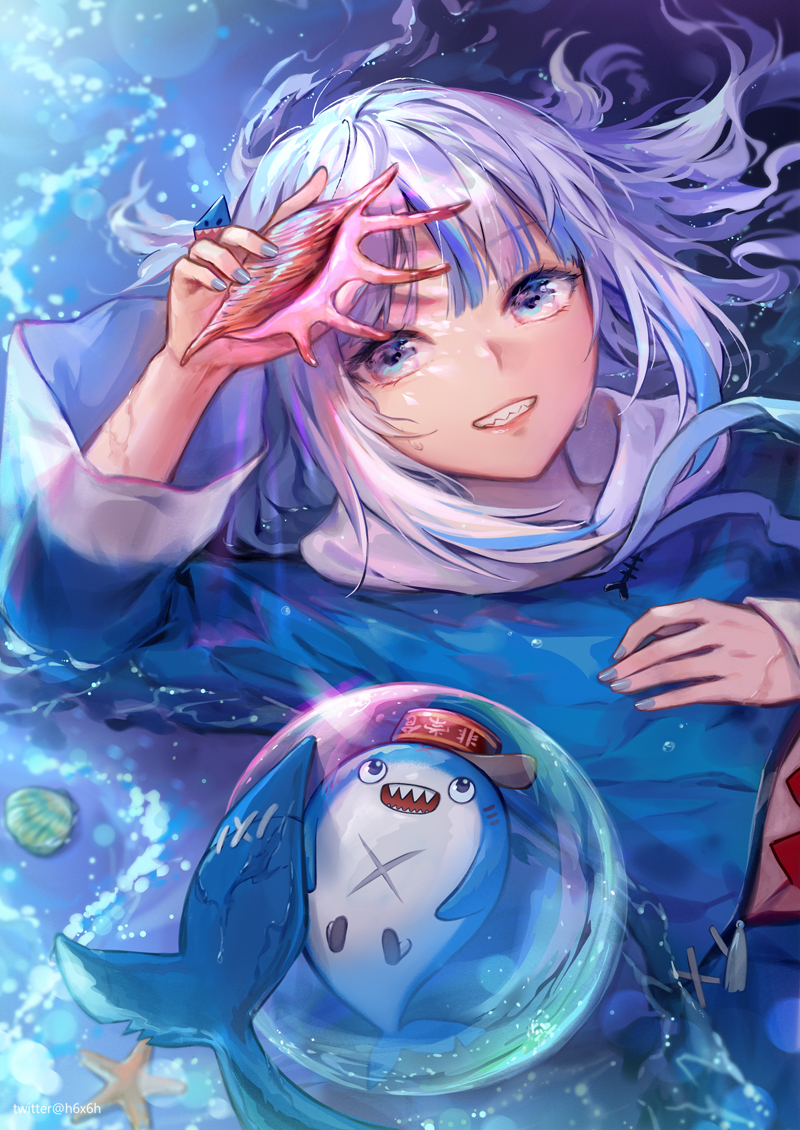 1991_(blz) 1girl arm_up bangs bloop_(gawr_gura) blue_eyes blue_hair blue_hoodie commentary drawstring eyebrows_visible_through_hair fish_tail gawr_gura grey_nails grin holding hololive hololive_english hood hood_down hoodie long_hair long_sleeves looking_at_viewer lying multicolored_hair nail_polish on_back seashell shark_tail sharp_teeth shell silver_hair sleeves_past_wrists smile streaked_hair tail teeth upper_body virtual_youtuber wide_sleeves