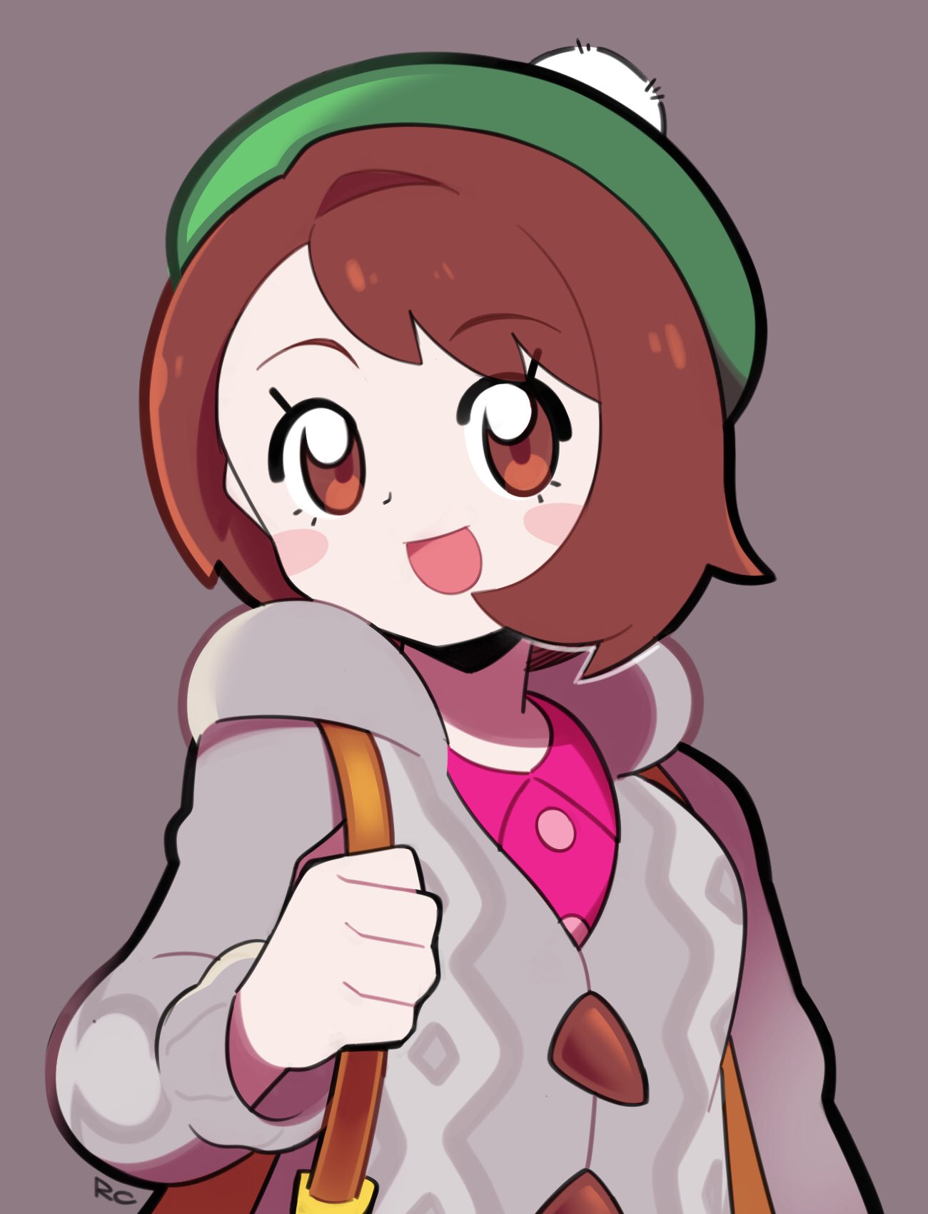 1girl :d artsy-rc blush_stickers brown_eyes brown_hair commentary english_commentary gloria_(pokemon) green_headwear grey_background grey_jacket hat highres jacket long_sleeves looking_at_viewer medium_hair open_mouth pink_shirt pokemon pokemon_(game) pokemon_swsh shirt signature simple_background smile solo