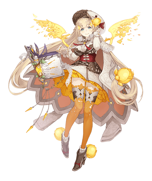 1girl aqua_eyes blonde_hair book breasts cloak corset dress eyebrows_visible_through_hair flower full_body hat ji_no large_breasts long_hair looking_at_viewer official_art petals rapunzel_(sinoalice) sinoalice smile solo thigh-highs transparent_background very_long_hair wings