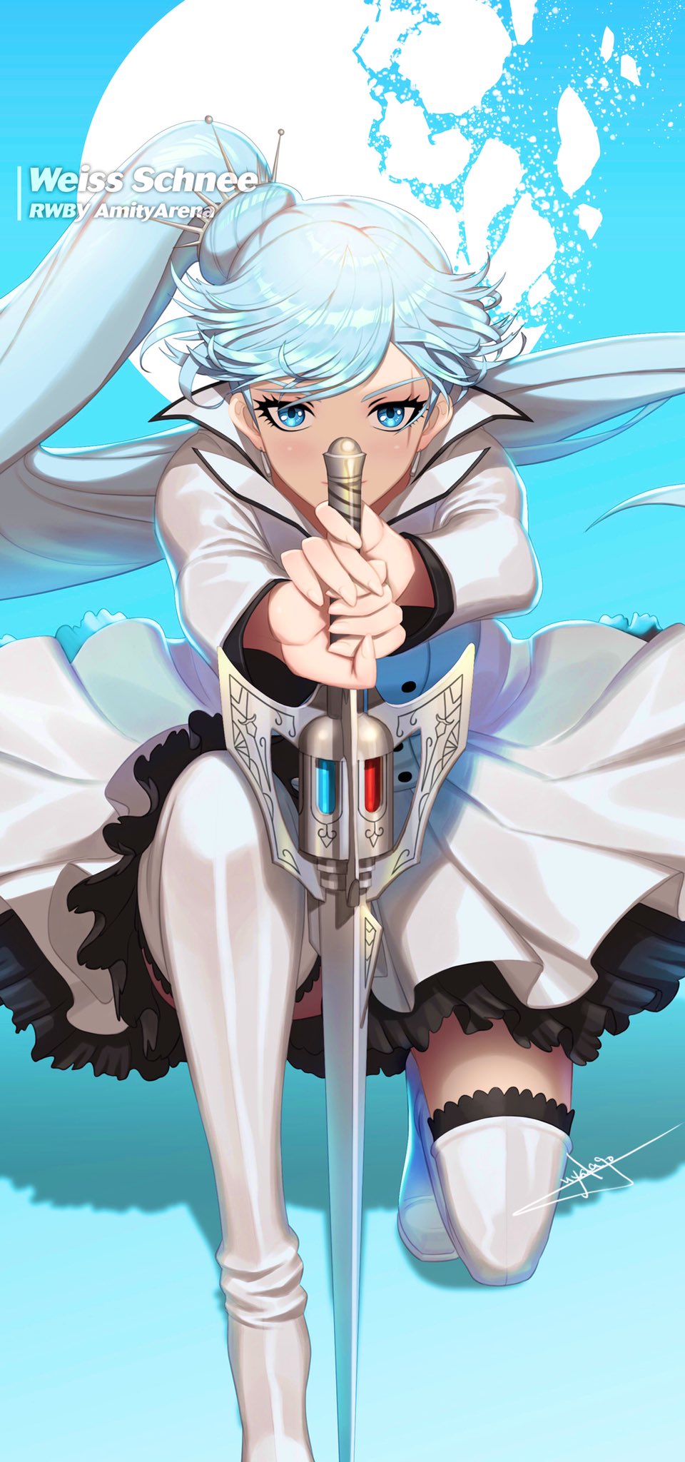 1girl bangs blue_eyes blue_hair boots character_name copyright_name dress floating_hair highres holding holding_sword holding_weapon layered_dress long_hair long_sleeves one_knee rwby scar scar_across_eye shiny shiny_hair short_dress side_ponytail solo swept_bangs sword thigh-highs thigh_boots uyalago very_long_hair weapon weiss_schnee white_dress white_footwear