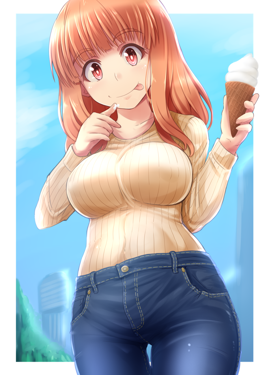 1girl :p bangs blue_pants blue_sky blunt_bangs blurry blurry_background border breasts casual closed_mouth commentary day denim eyebrows_visible_through_hair food food_on_face girls_und_panzer highres holding holding_food ice_cream ice_cream_cone jeans kitayama_miuki large_breasts long_hair long_sleeves looking_at_viewer ooarai_marine_tower orange_eyes orange_hair outdoors outside_border pants ribbed_shirt shirt sky smile solo standing takebe_saori tongue tongue_out upper_body white_border yellow_shirt