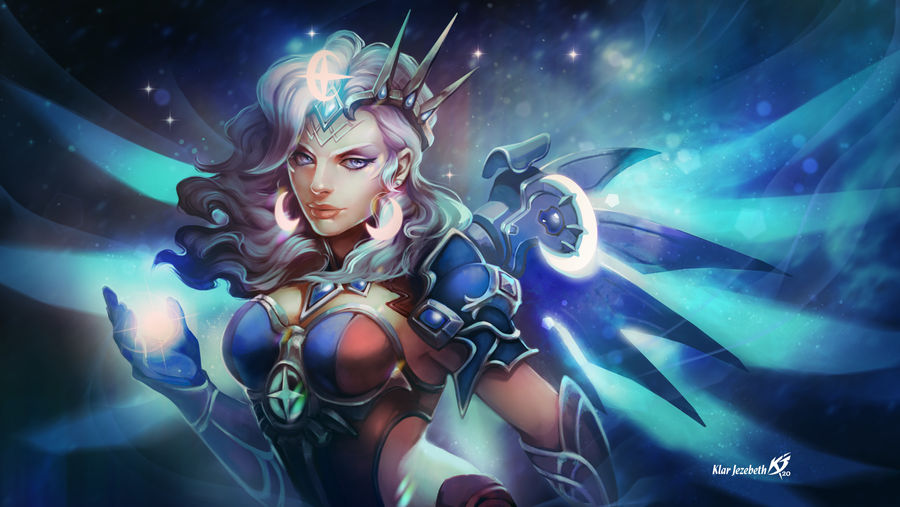 1girl alternate_costume armor atlantic_mercy crescent crescent_earrings crown_hair_ornament earrings elbow_gloves forehead_jewel gem gloves glowing glowing_wings jewelry klar-jezebeth light_purple_hair looking_at_viewer mechanical_wings mercy_(overwatch) overwatch purple_armor shoulder_armor solo starry_background upper_body wings