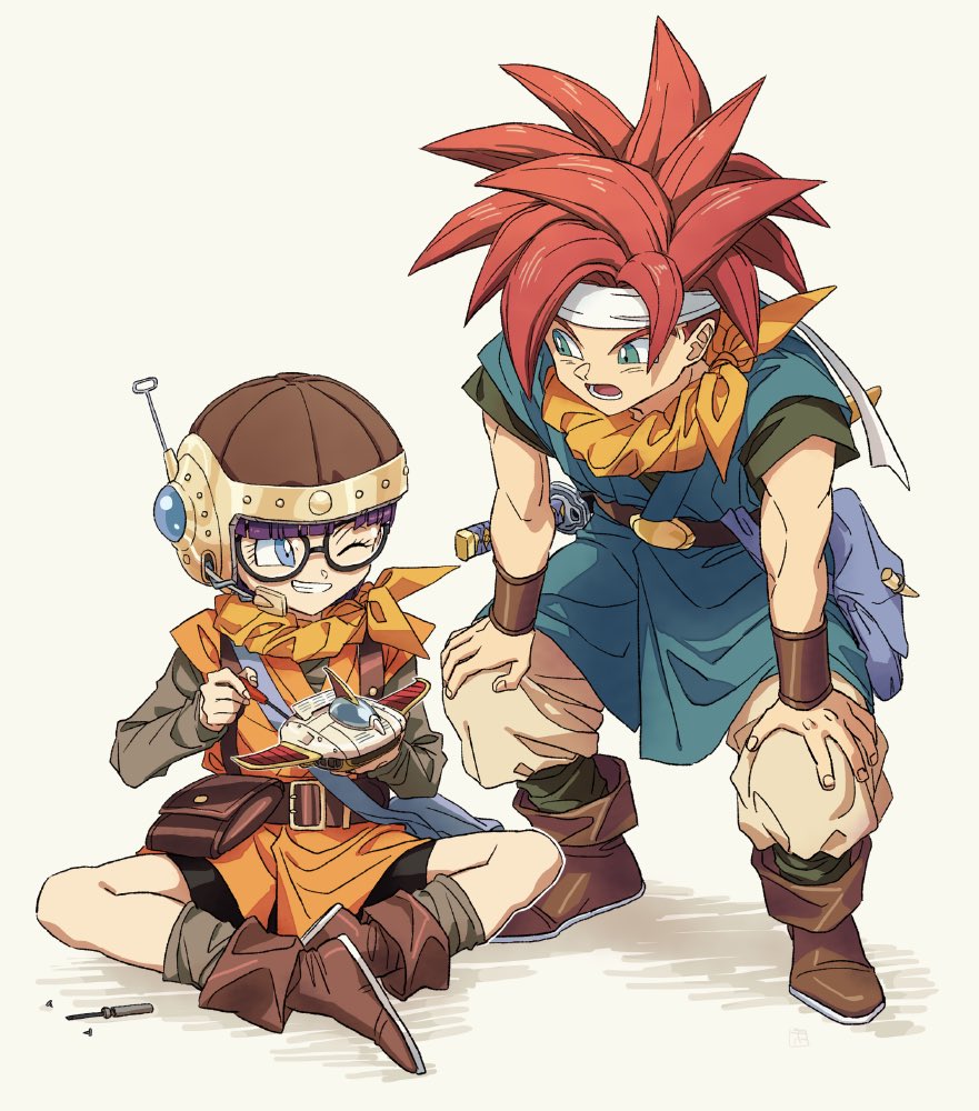 1boy 1girl artist_name bad_id bad_twitter_id bag bangs belt bike_shorts black-framed_eyewear black_belt black_footwear black_shirt black_shorts blue_eyes blue_tunic boots bracer brown_belt brown_headwear butterfly_sitting carrying chrono_trigger crono_(chrono_trigger) glasses grey_shirt grin hands_on_own_knees headband headset helmet holding_screwdriver hosodayo katana leaning_forward long_sleeves looking_at_another lucca_ashtear model_spacecraft one_eye_closed open_mouth orange_bandana orange_tunic pants pouch purple_hair redhead satchel shirt short_hair short_sleeves shorts signature sitting smile spiky_hair standing sword symbol_commentary weapon white_headband white_pants