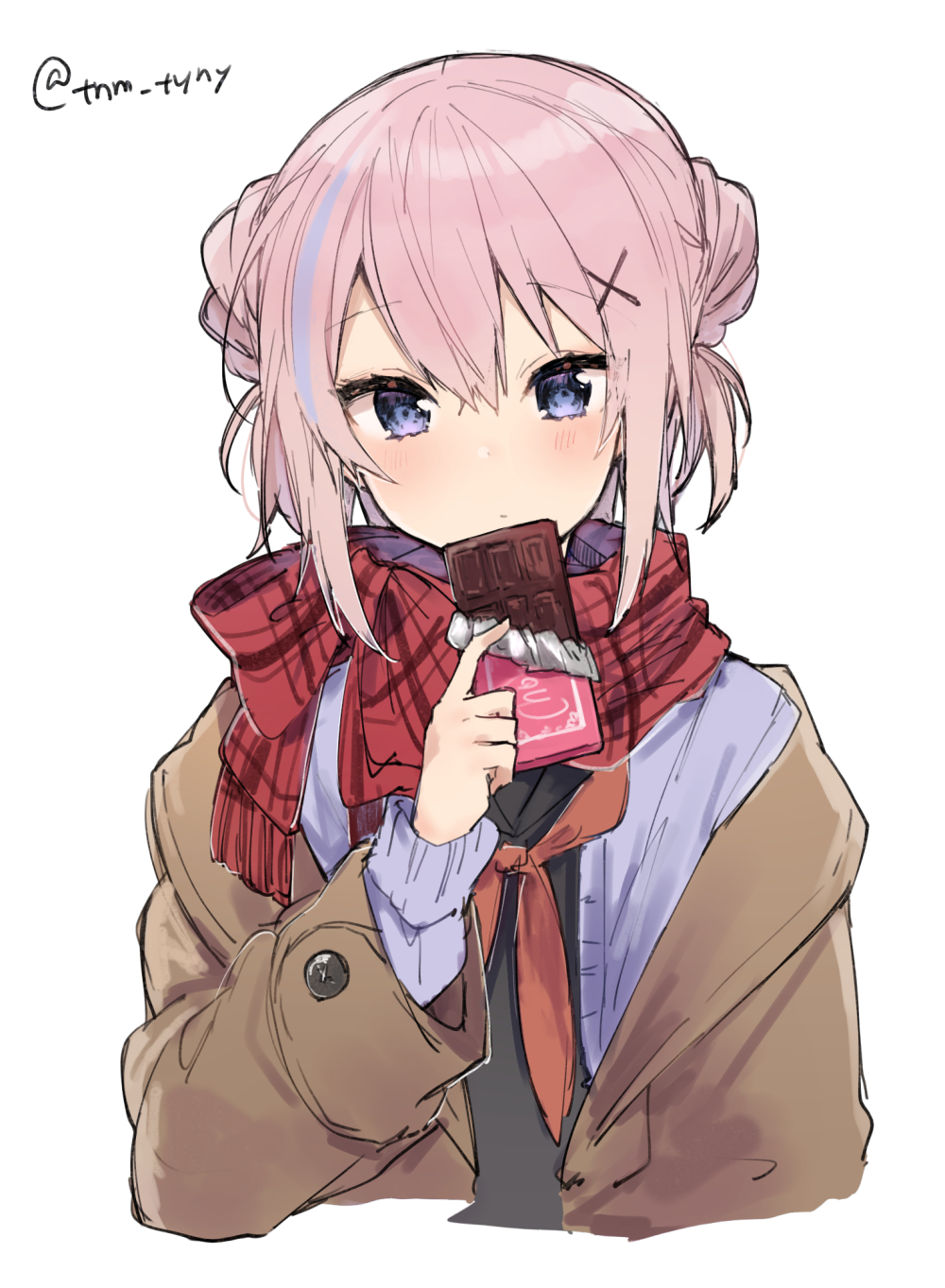1girl black_shirt blue_eyes blush brown_jacket candy chocolate chocolate_bar closed_mouth double_bun food hair_ornament hand_up highres holding holding_chocolate holding_food ikeuchi_tanuma jacket long_sleeves looking_at_viewer medium_hair multicolored_hair neckerchief original pink_hair red_neckwear red_scarf scarf shirt simple_background solo streaked_hair twitter_username white_background x_hair_ornament