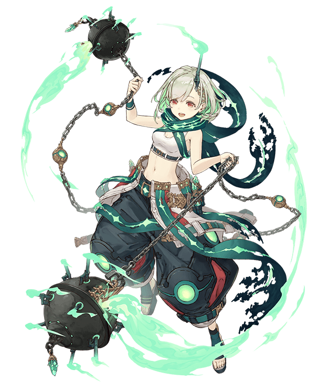 1girl :d bracelet breasts chain explosive eyebrows_visible_through_hair fire full_body green_hair horns jewelry ji_no little_match_girl_(sinoalice) looking_at_viewer midriff mine_(weapon) navel official_art open_mouth red_eyes sandals scarf short_hair single_horn sinoalice small_breasts smile solo transparent_background upper_teeth