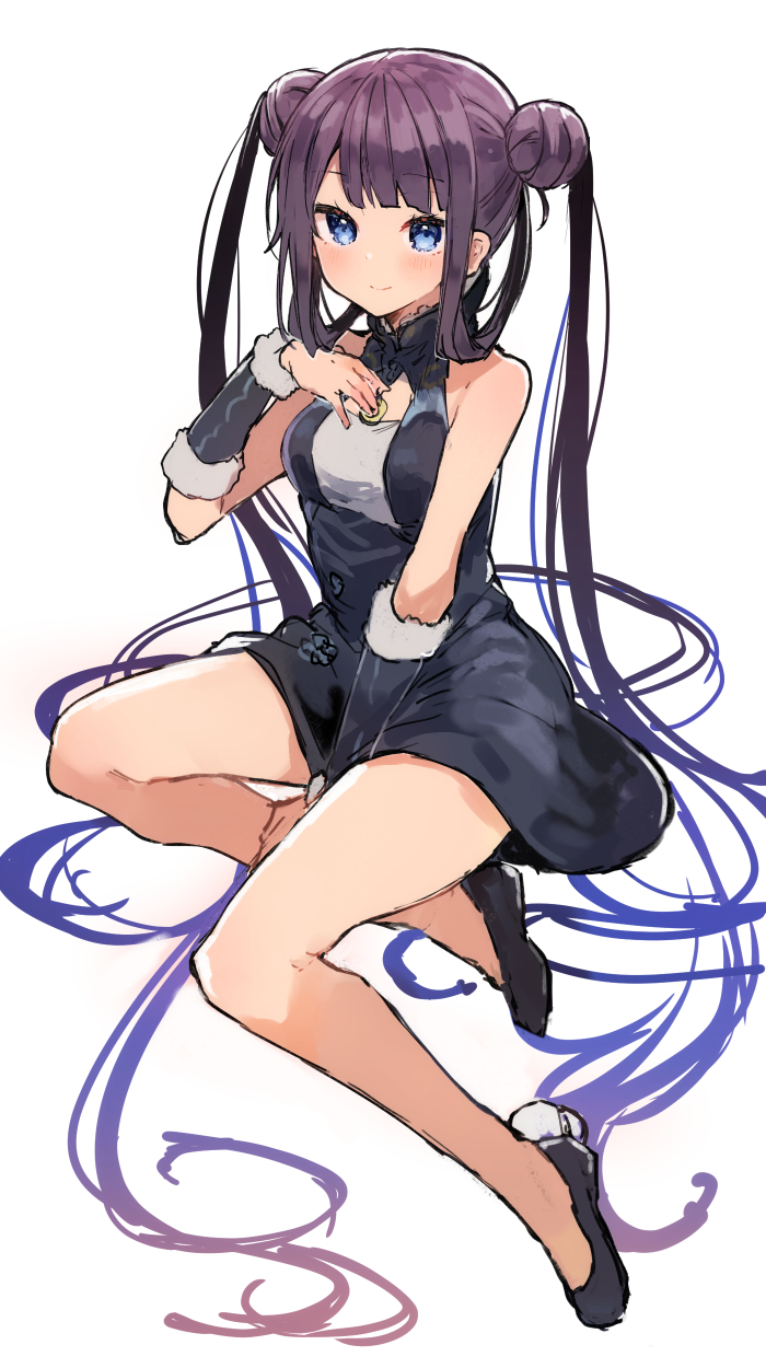 1girl absurdly_long_hair bad_id bad_twitter_id bare_legs bare_shoulders between_legs black_dress black_footwear bracer breasts closed_mouth double_bun dress fate/grand_order fate_(series) full_body gradient_hair hand_between_legs hand_on_own_chest hand_up highres ikeuchi_tanuma long_hair looking_at_viewer medium_breasts multicolored_hair purple_hair shoes smile solo twintails very_long_hair yang_guifei_(fate)