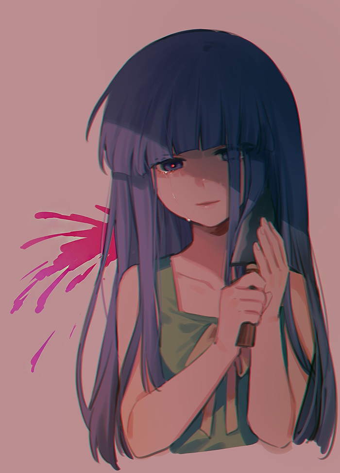 1girl angst bag bangs bare_arms bare_shoulders blood blue_eyes blue_hair blunt_bangs collarbone commentary_request cropped_torso crying crying_with_eyes_open dress furude_rika green_dress hands_up higurashi_no_naku_koro_ni holding holding_knife knife long_hair looking_at_viewer noriuma pink_blood simple_background sleeveless smile solo tears upper_body