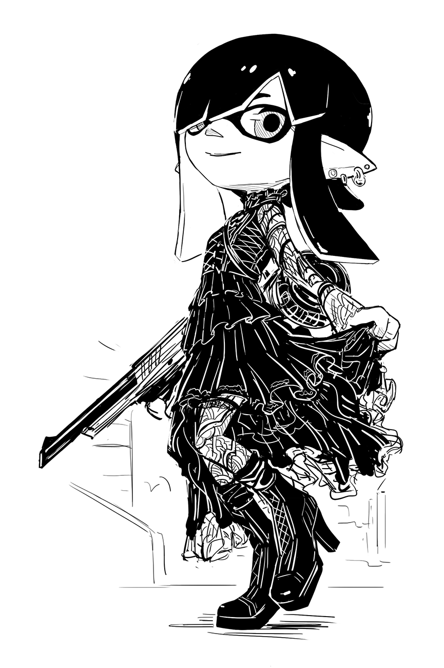 1girl ankle_boots bangs boots closed_mouth diagonal_bangs domino_mask dress earrings flat_chest frilled_dress frills gun high_heel_boots high_heels highres holding holding_gun holding_weapon inkling jewelry long_hair long_sleeves looking_at_viewer mask pointy_ears sakkan skirt_hold smile solo splatoon_(series) standing standing_on_one_leg weapon