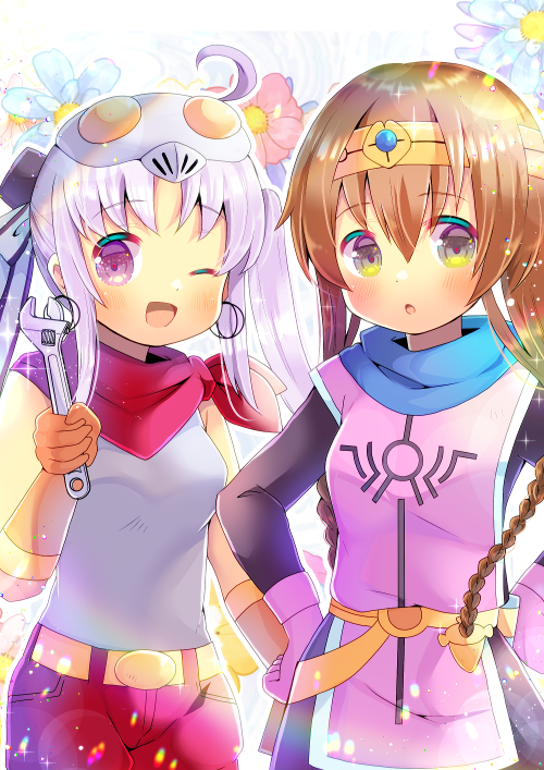 2girls :o ;d ahoge akizuki_(kancolle) bandana bangs black_dress blue_flower bow braid breasts brown_eyes brown_gloves circlet cosplay dragon_quest dragon_quest_dai_no_daibouken dress elbow_gloves eyebrows_visible_through_hair floral_background flower gloves grey_eyes hair_between_eyes hair_bow hands_on_hips holding kantai_collection kouu_hiyoyo long_hair looking_at_viewer maam maam_(cosplay) mask mask_on_head multiple_girls one_eye_closed open_mouth parted_bangs parted_lips penne_(zoids_wild) penne_(zoids_wild)_(cosplay) pink_flower pink_gloves red_shorts shirt shorts side_ponytail silver_hair sleeveless sleeveless_shirt small_breasts smile striped striped_bow teruzuki_(kancolle) tunic twin_braids very_long_hair violet_eyes white_shirt wrench zoids zoids_wild