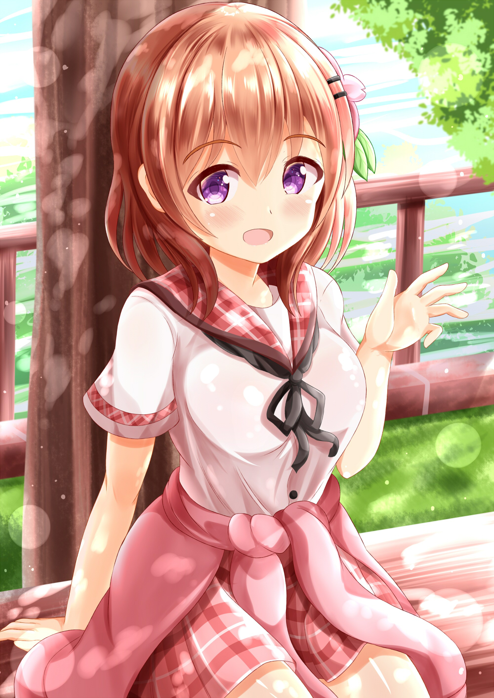 1girl :d arm_support bangs black_ribbon blush breasts brown_hair commentary_request day eyebrows_visible_through_hair fence gochuumon_wa_usagi_desu_ka? hair_between_eyes hair_ornament hairclip hand_up highres hoto_cocoa looking_at_viewer medium_breasts neck_ribbon on_bench open_mouth outdoors plaid plaid_sailor_collar plaid_skirt red_sailor_collar red_skirt ribbon river sailor_collar school_uniform serafuku shirt short_sleeves sitting skirt smile solo tree violet_eyes water white_shirt zenon_(for_achieve)