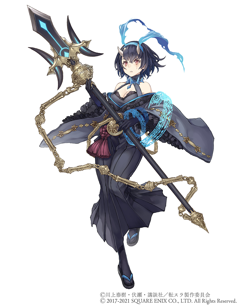 1girl alice_(sinoalice) bare_shoulders black_hakama chain crossover dark_blue_hair facial_mark frills full_body hairband hakama horns japanese_clothes ji_no looking_at_viewer official_art polearm red_eyes sandals short_hair sinoalice solo spear square_enix tensei_shitara_slime_datta_ken weapon white_background wide_sleeves