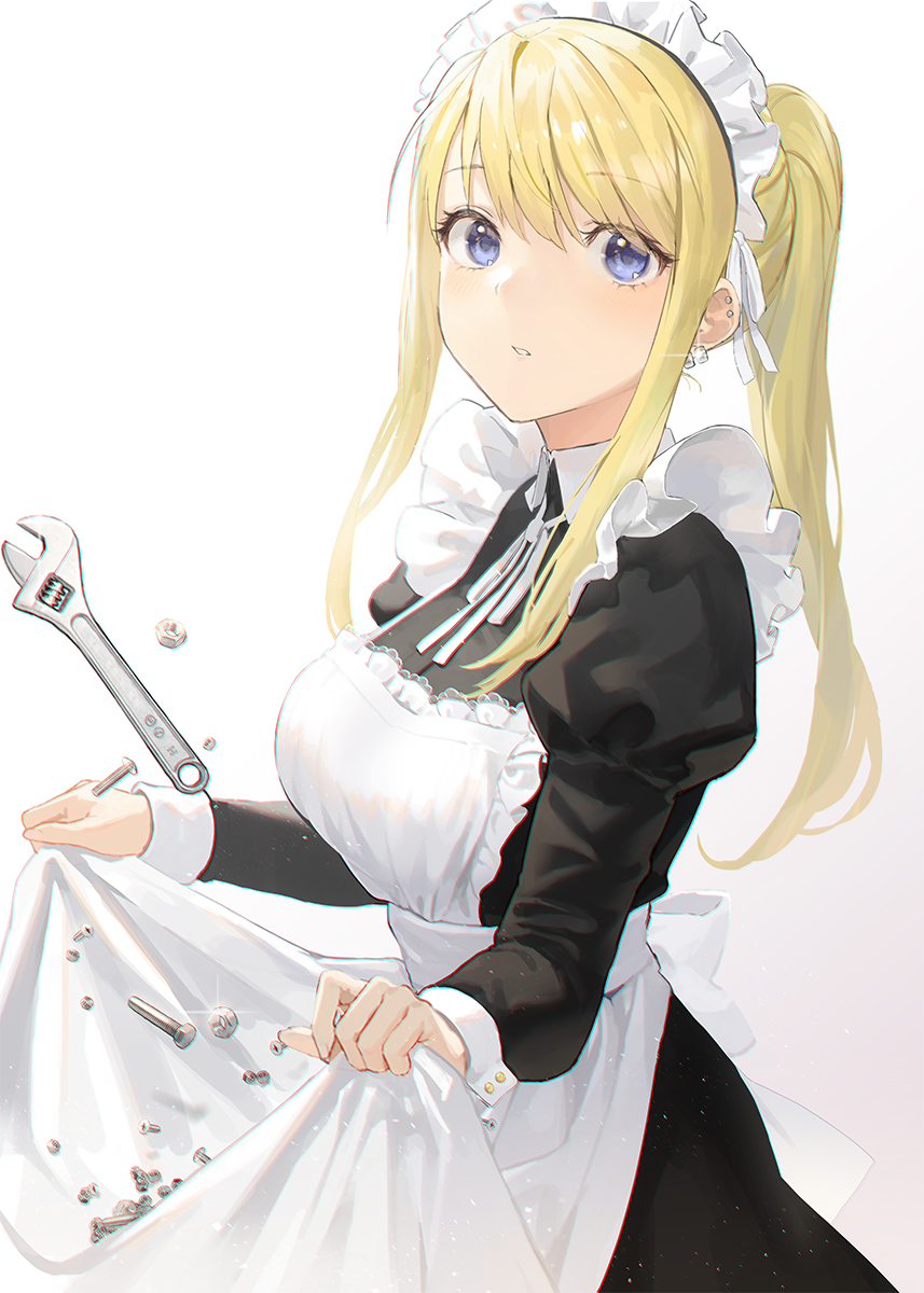 1girl apron apron_basket bangs black_dress blonde_hair blue_eyes blush breasts commentary dress eyebrows_visible_through_hair fullmetal_alchemist hair_ribbon highres juliet_sleeves large_breasts long_hair long_sleeves looking_at_viewer maid_headdress parted_lips ponytail puffy_sleeves revision ribbon seon_(seonon_) sidelocks simon_belmont simple_background swept_bangs white_background winry_rockbell wrench
