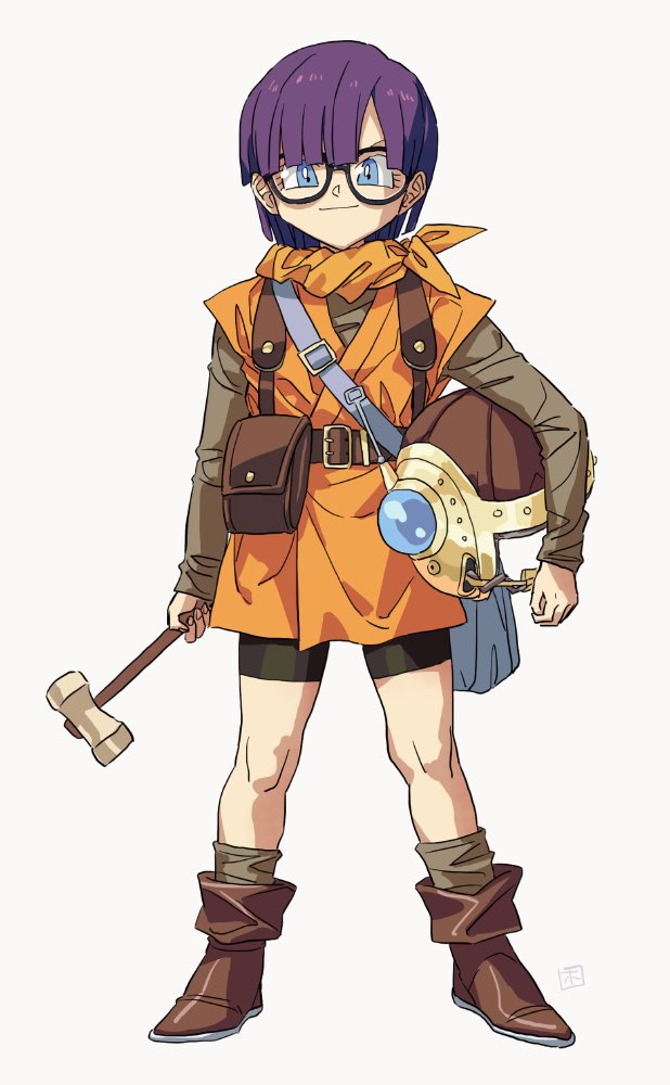 1girl artist_name bag bangs belt bike_shorts black-framed_eyewear black_footwear black_shorts blue_eyes blunt_bangs boots brown_belt carrying chrono_trigger closed_mouth commentary_request glasses grey_shirt headwear_removed helmet holding holding_helmet holding_mallet hosodayo looking_at_viewer lucca_ashtear mallet orange_bandana orange_tunic pants purple_hair satchel shirt shorts signature simple_background smile solo standing tunic weapon white_background white_pants