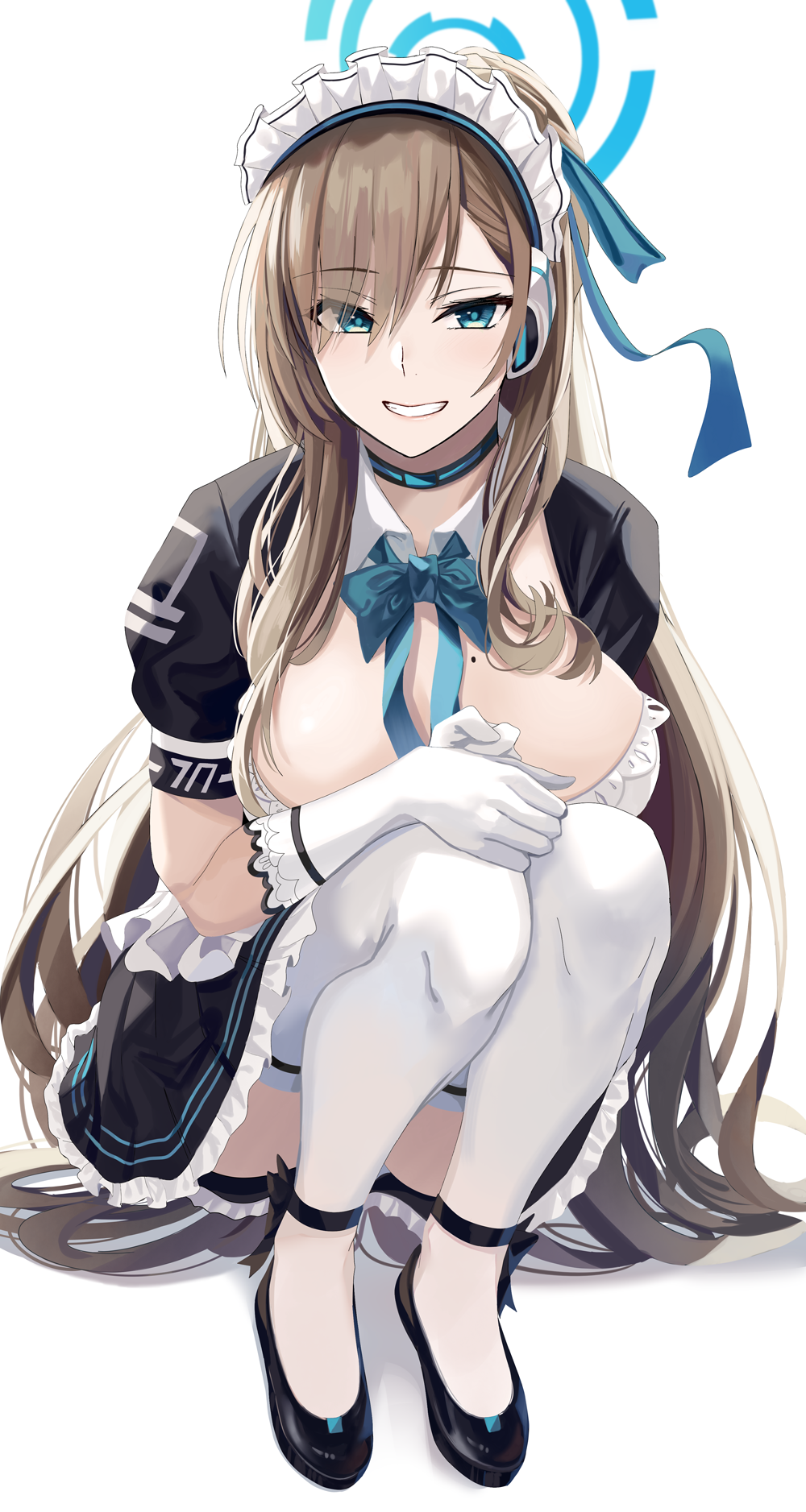 1girl ankle_ribbon apron asuna_(blue_archive) bangs black_dress black_footwear black_ribbon blue_archive blue_ribbon breasts brown_hair choker dress eyebrows_visible_through_hair frilled_apron frilled_dress frills full_body gloves hair_between_eyes hair_ribbon halo headphones highres large_breasts long_hair looking_at_viewer maid_headdress mole mole_on_breast nicky_w parted_lips ribbon shoes short_sleeves simple_background sitting smile solo teeth thigh-highs very_long_hair white_apron white_background white_gloves white_headwear white_legwear