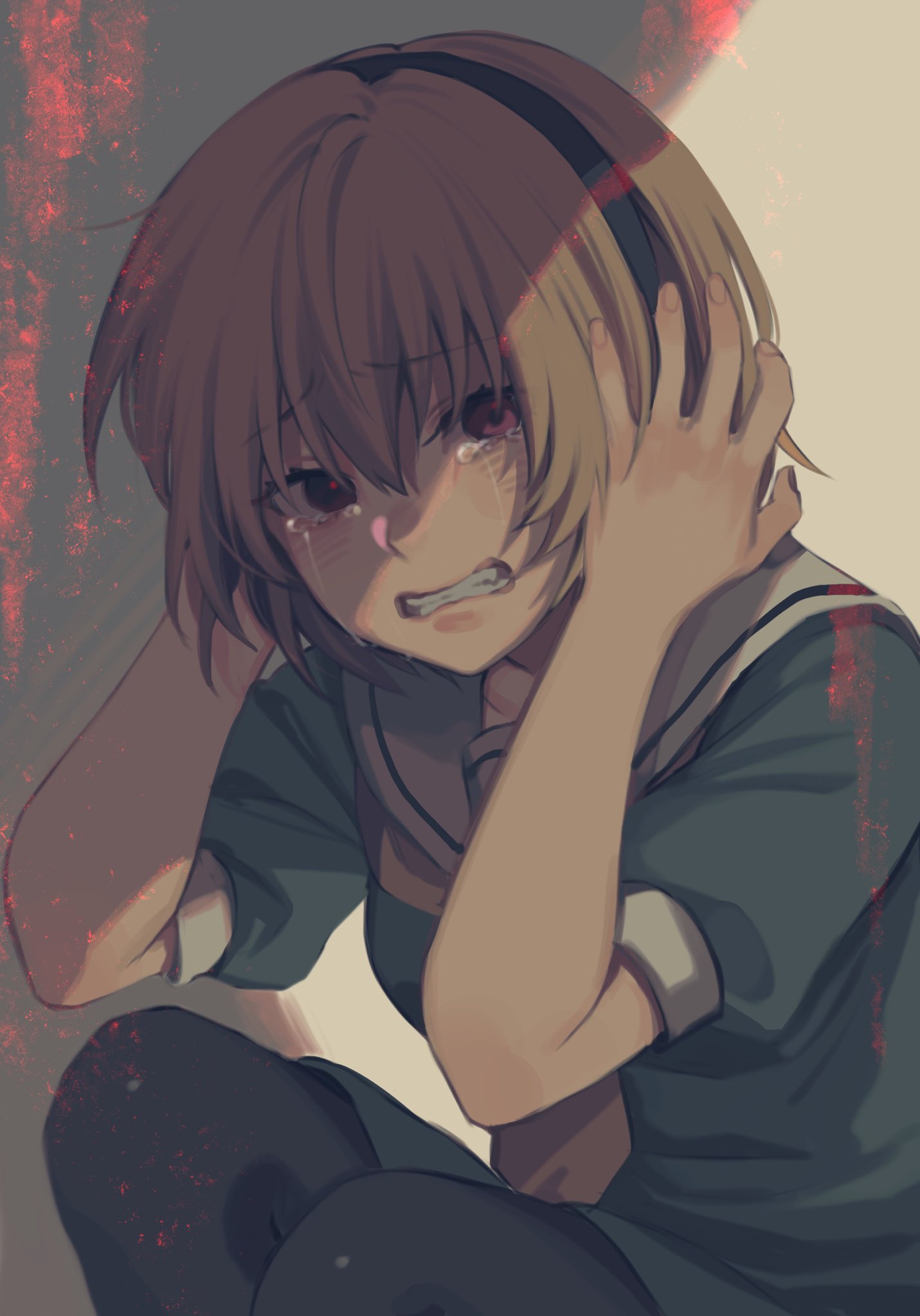 1girl angst bangs black_hairband black_legwear blonde_hair blood blush clenched_teeth commentary_request crying crying_with_eyes_open hairband hands_on_own_head hands_up highres higurashi_no_naku_koro_ni houjou_satoko looking_at_viewer noriuma pantyhose puffy_short_sleeves puffy_sleeves shirt short_hair short_sleeves skirt solo squatting tears teeth