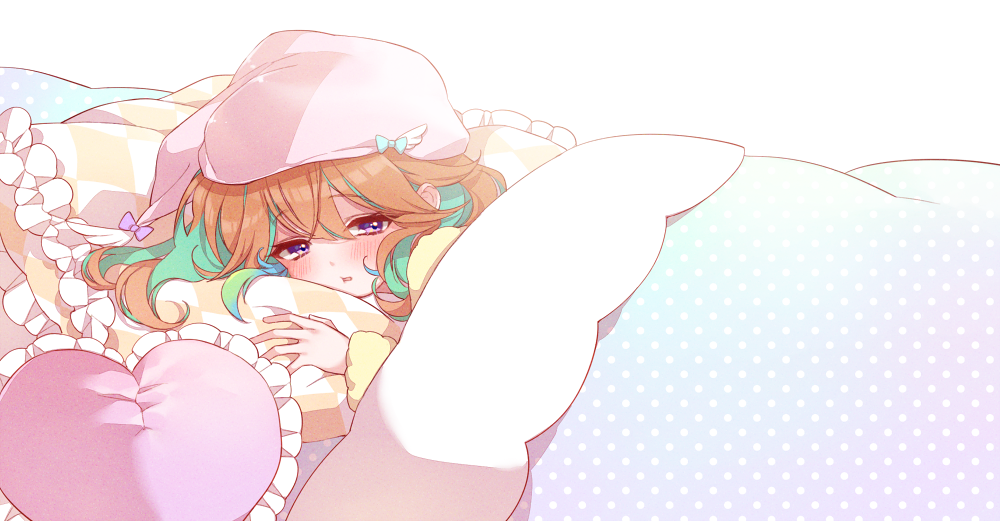 1girl bangs blush chino_machiko colored_inner_hair eyebrows_visible_through_hair green_hair hair_behind_ear hat heart hololive hololive_english looking_to_the_side multicolored_hair official_art open_mouth orange_hair pajamas pillow pink_headwear solo takanashi_kiara under_covers violet_eyes virtual_youtuber