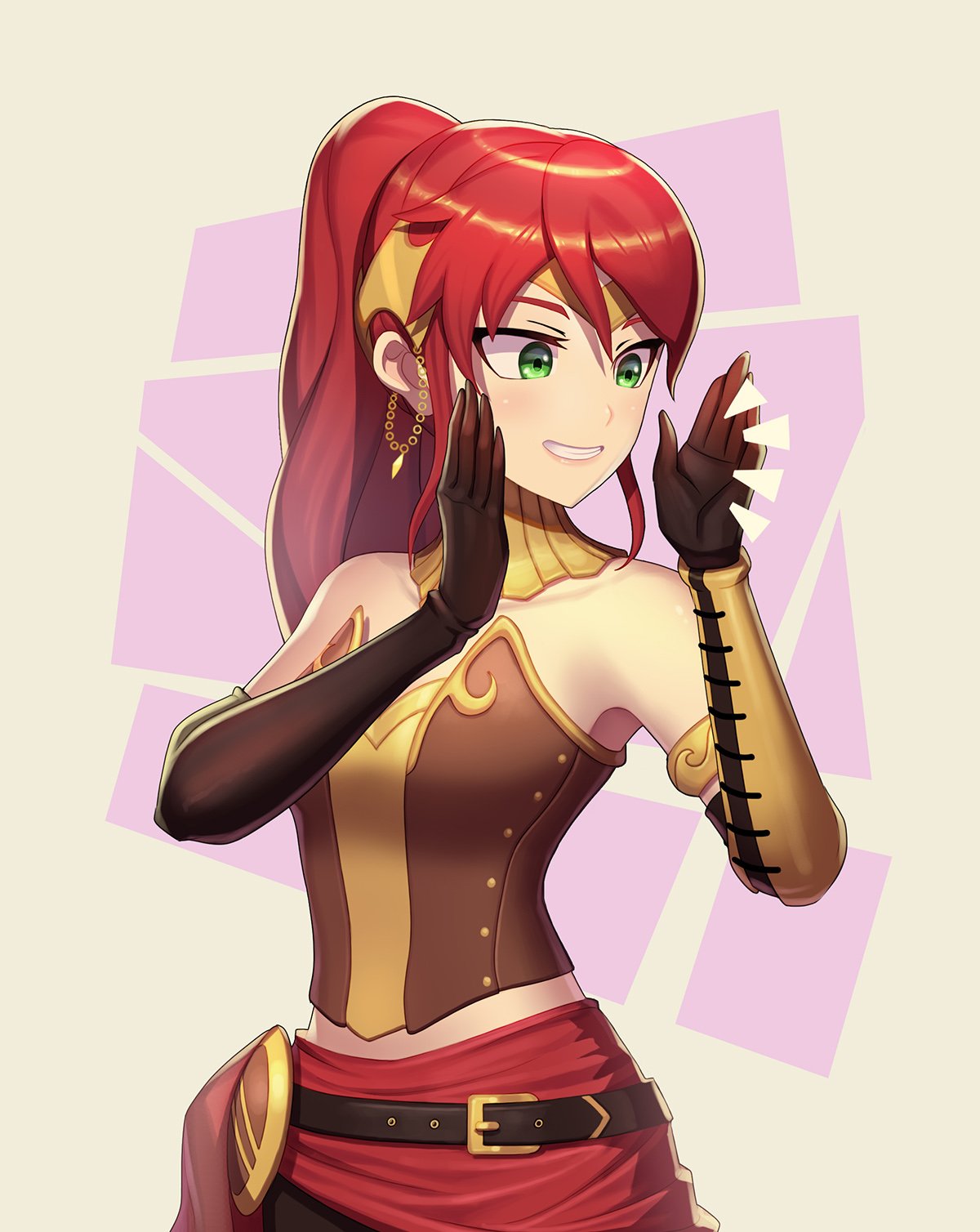 1girl belt belt_buckle black_belt black_gloves buckle circlet collarbone elbow_gloves gloves green_eyes grin high_ponytail highres long_hair pyrrha_nikos redhead rwby shiny shiny_hair smile solo strapless uyalago white_background