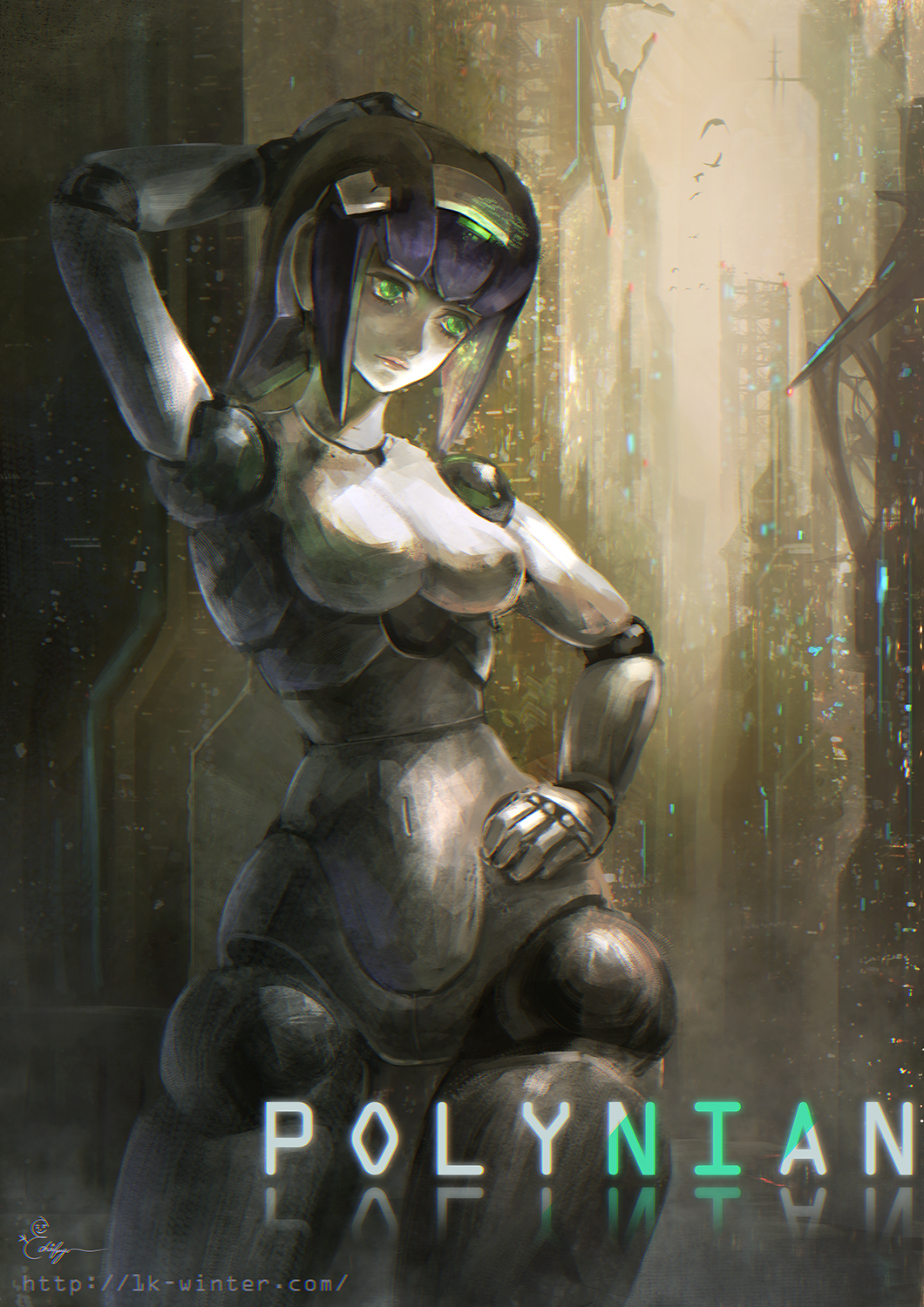 android breasts city clover_(polynian) doll_joints green_eyes hand_on_hip highres joints leaning_to_the_side looking_down medium_breasts metal_skin navel no_humans robot robot_neoanthropinae_polynian science_fiction solo twisted_torso watermark web_address yukishiro_chifuyu