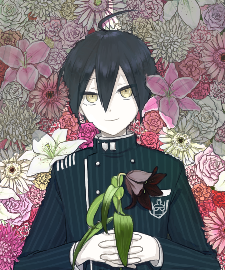 1boy ahoge bangs black_flower black_hair brown_eyes closed_mouth commentary_request dangan_ronpa_(series) dangan_ronpa_v3:_killing_harmony double-breasted floral_background flower from_above hair_between_eyes hands_up holding holding_flower jacket kana_(kttn_r) long_sleeves looking_at_viewer lying male_focus on_back pale_skin pink_flower pink_rose red_flower rose saihara_shuuichi short_hair smile solo striped_jacket upper_body
