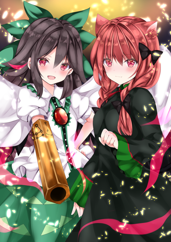 2girls :d animal_ears arm_cannon bangs bird_wings black_bow black_hair blush bow braid breasts cape cat_ears closed_mouth commentary_request cowboy_shot dress eyebrows_visible_through_hair falling_petals glowing_petals gradient gradient_background green_bow green_dress green_skirt hair_between_eyes hair_bow hair_ribbon kaenbyou_rin long_hair long_sleeves looking_at_viewer low_twintails multiple_girls nanase_nao open_mouth petals puffy_short_sleeves puffy_sleeves red_eyes redhead reiuji_utsuho ribbon shirt short_sleeves skirt small_breasts smile touhou tress_ribbon twin_braids twintails weapon white_cape white_shirt wide_sleeves wings