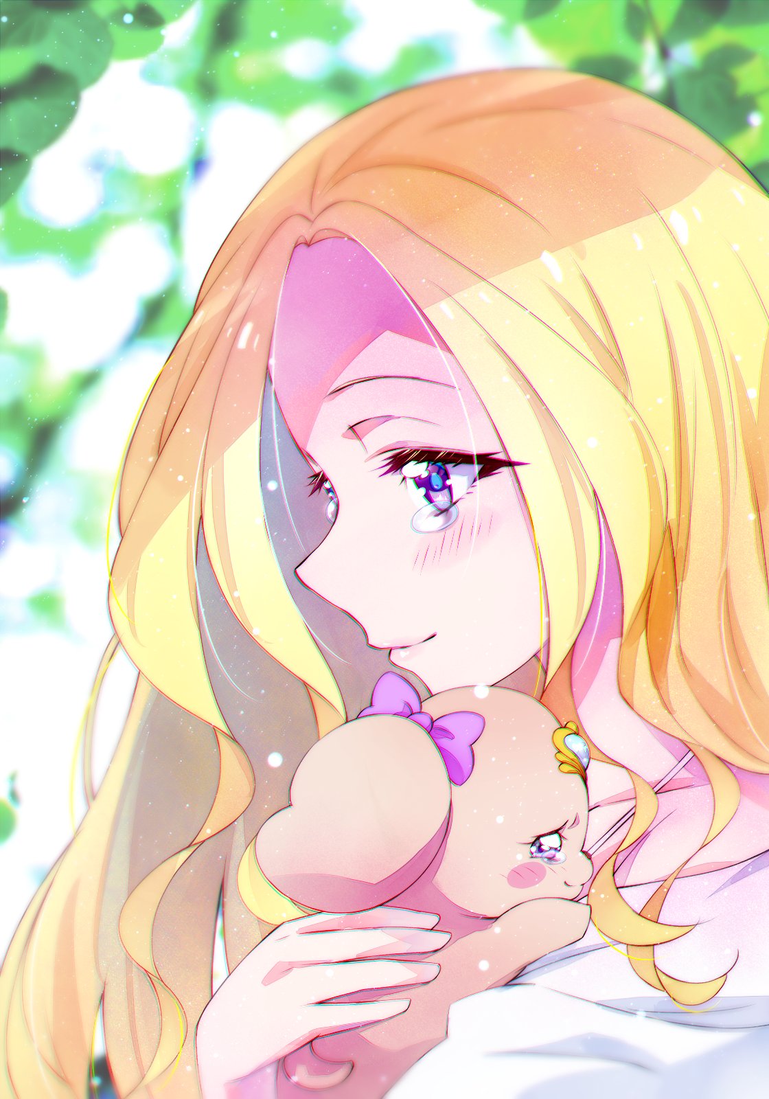 1girl animal blonde_hair blurry blurry_background blush closed_mouth collarbone fuurin_asumi hair_intakes healin'_good_precure highres holding holding_animal kyoutsuugengo latte_(precure) long_hair precure shiny shiny_hair smile tears upper_body violet_eyes