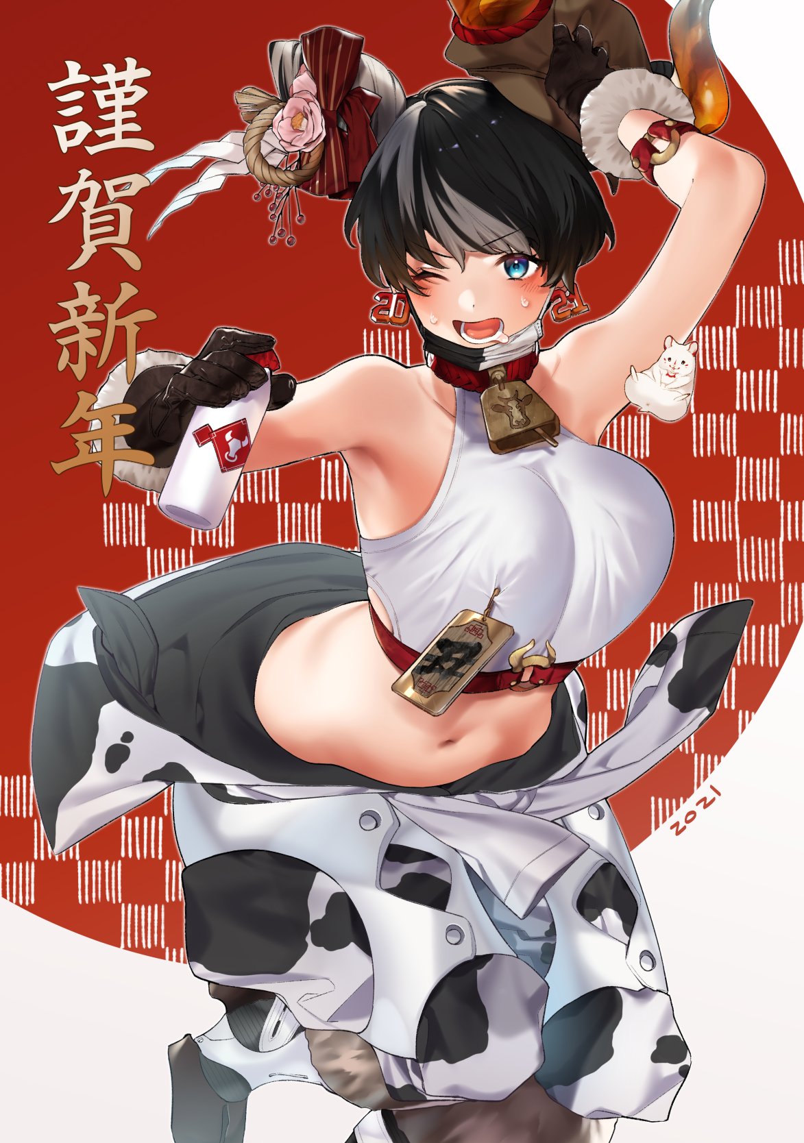 1girl armpits bare_shoulders bell black_hair blue_eyes breasts commentary_request cowbell fur-trimmed_gloves fur_trim gloves hair_ornament highres horns huge_breasts looking_at_viewer lower_teeth mask_around_neck midriff milk mouse navel one_eye_closed open_mouth original shirt short_hair sino42 sweat sweatdrop tied_shirt