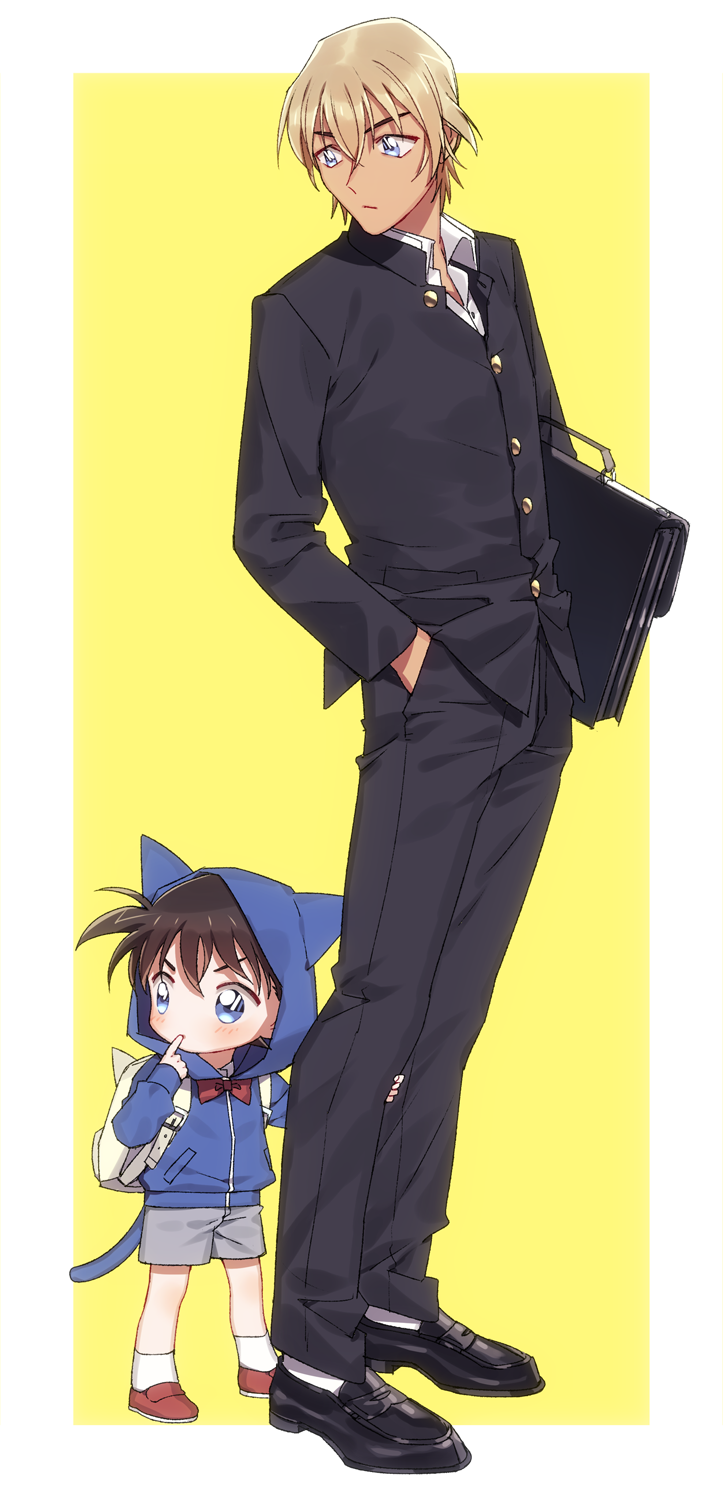 2boys amuro_tooru animal_ears animal_hood backpack bag bangs black_footwear black_jacket black_pants blonde_hair blue_eyes blue_hoodie blush border brown_hair buttons carrying_under_arm cat_ears cat_hood cat_tail child closed_mouth collared_shirt commentary_request edogawa_conan fake_animal_ears fake_tail finger_to_mouth full_body gakuran grey_shorts hair_between_eyes hand_in_pocket height_difference highres hood hood_up hoodie index_finger_raised jacket k_(gear_labo) leg_grab looking_at_another looking_down looking_to_the_side male_focus meitantei_conan multiple_boys outside_border pants red_footwear school_bag school_briefcase school_uniform shirt shoes short_hair shorts simple_background socks standing tail what_if white_border white_legwear white_shirt yellow_background younger