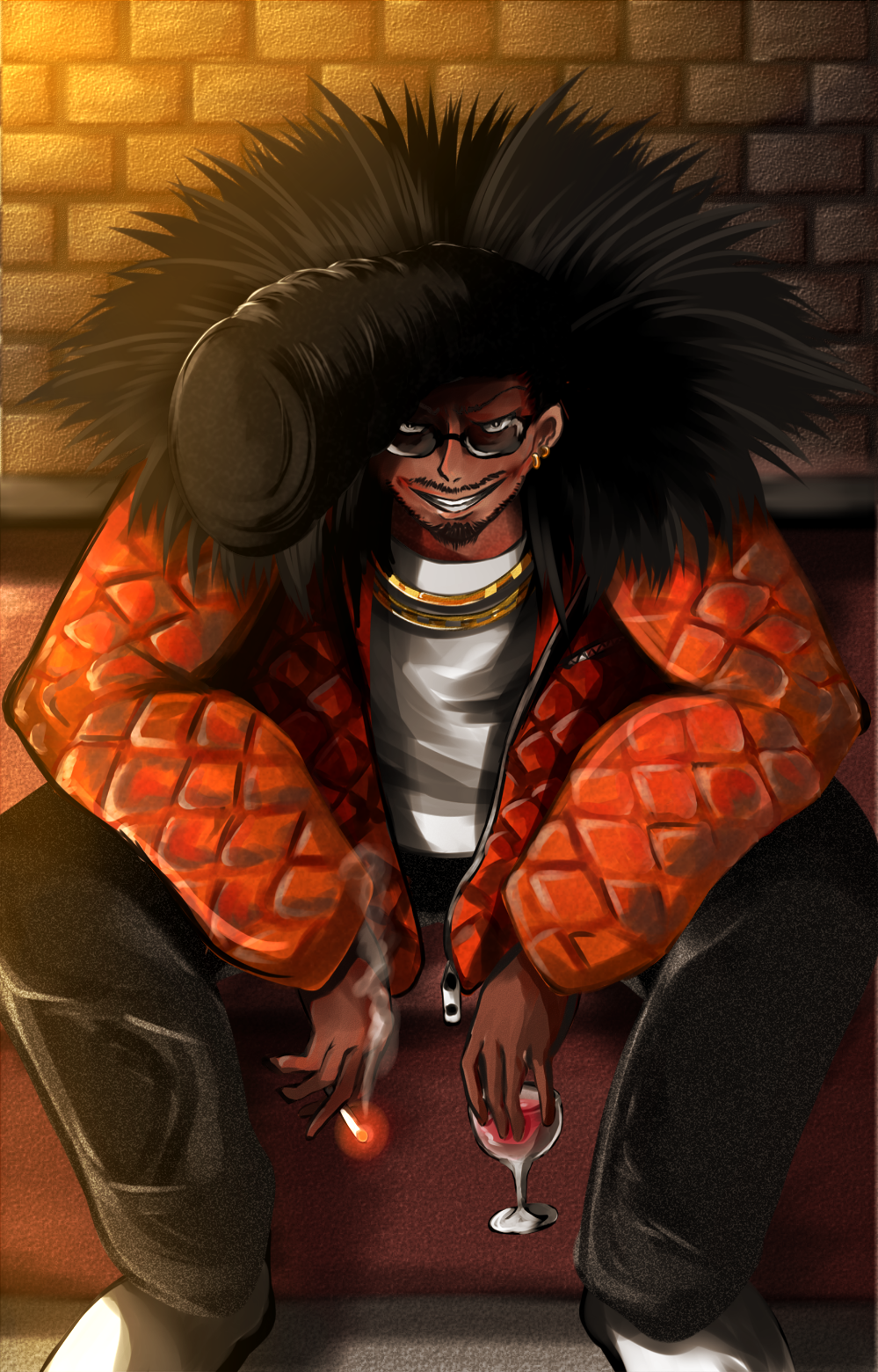 1boy beard black_hair black_pants brick_wall brown_eyes cigarette coat commentary_request cookie_(touhou) cup drinking_glass earrings facial_hair full_body fur_coat grin highres jewelry leaning_forward looking_at_viewer male_focus mishou_kazuya_(cookie) mustache necklace open_clothes open_coat pants pompadour red_coat sakuna_brownie shirt shoes shumiyou_desu sitting smile smoking solo sunglasses white_footwear white_shirt wine_glass zipper_pull_tab