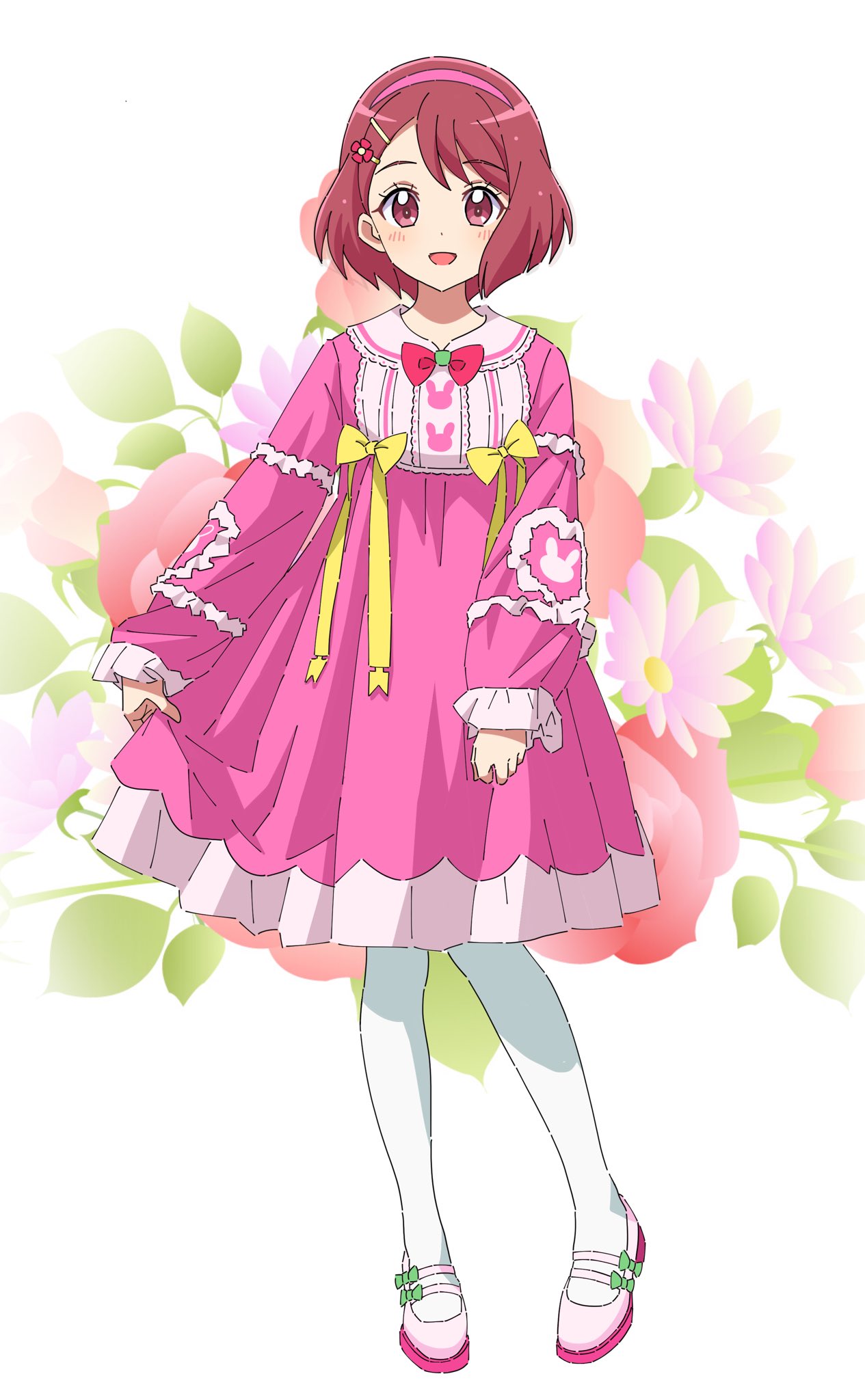 1girl bow brown_hair dress floral_background full_body hair_bow hair_ornament hairclip hanadera_nodoka healin'_good_precure highres kousuke0912 long_sleeves looking_at_viewer pantyhose pink_bow pink_dress precure red_bow shiny shiny_hair short_hair solo standing white_legwear yellow_bow