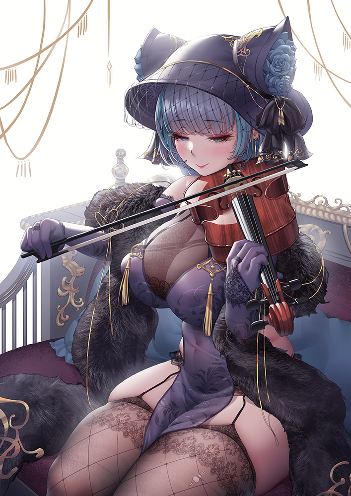 1girl animal_hat azur_lane bangs bare_shoulders black_headwear black_panties blue_eyes blue_flower blue_hair blue_rose bow_(instrument) breasts cat_hat cheshire_(azur_lane) cheshire_(cait_sith_crooner)_(azur_lane) china_dress chinese_clothes covered_navel covered_nipples curvy dress elbow_gloves eyebrows_visible_through_hair flower gloves hat instrument lace-trimmed_panties lace_trim large_breasts music official_alternate_costume panties pelvic_curtain playing_instrument purple_dress purple_gloves revealing_clothes rhasta rose see-through short_hair sitting skindentation solo thick_thighs thigh-highs thighs underwear violin